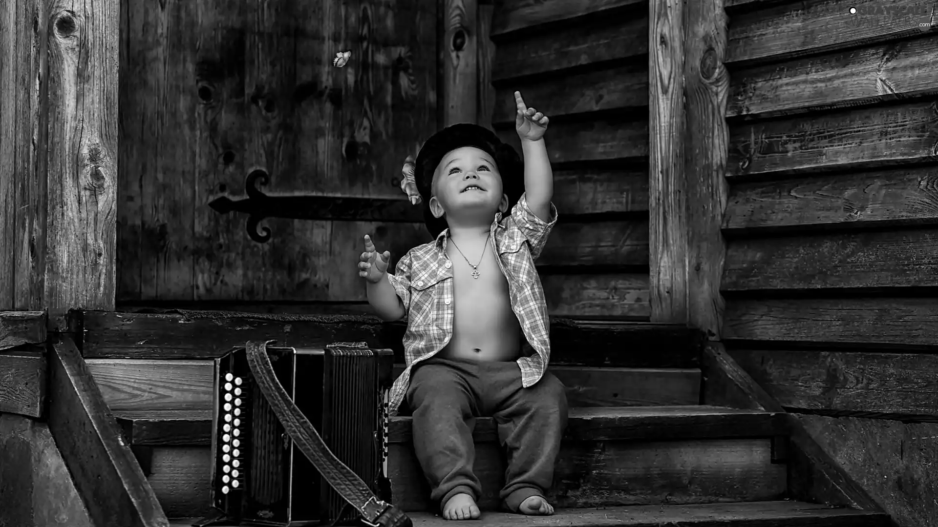 Hat, boy, Stairs, accordion, joy, Kid
