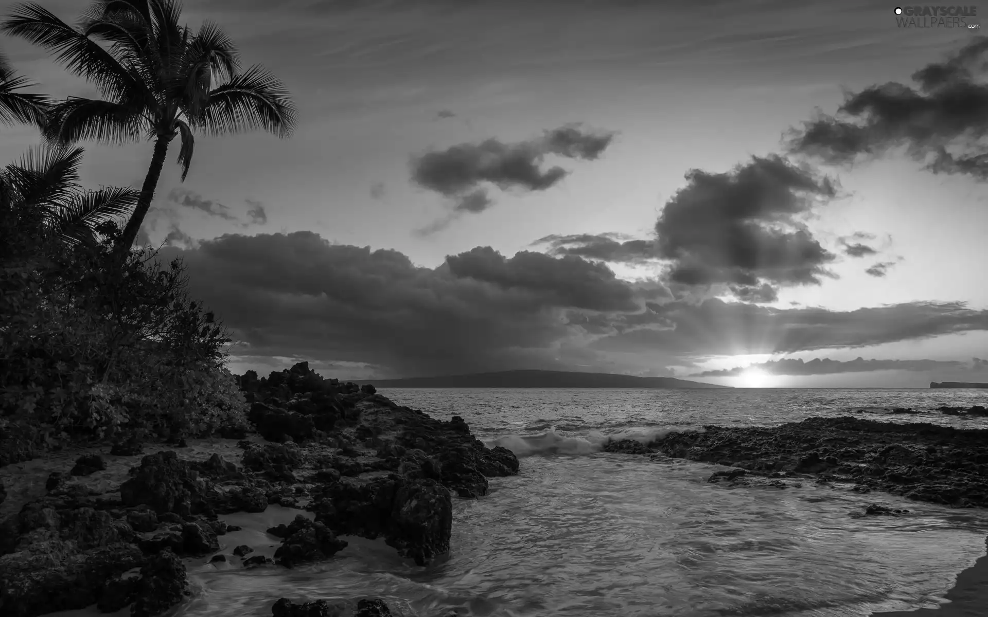 rocks, Maui Island, Great Sunsets, sea, Aloha State Hawaje, Palms, clouds