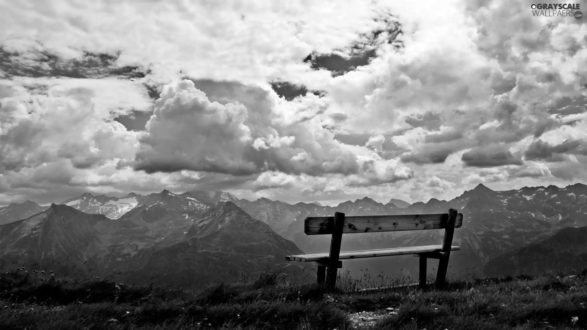 an, Mountains, Bench, View, clouds
