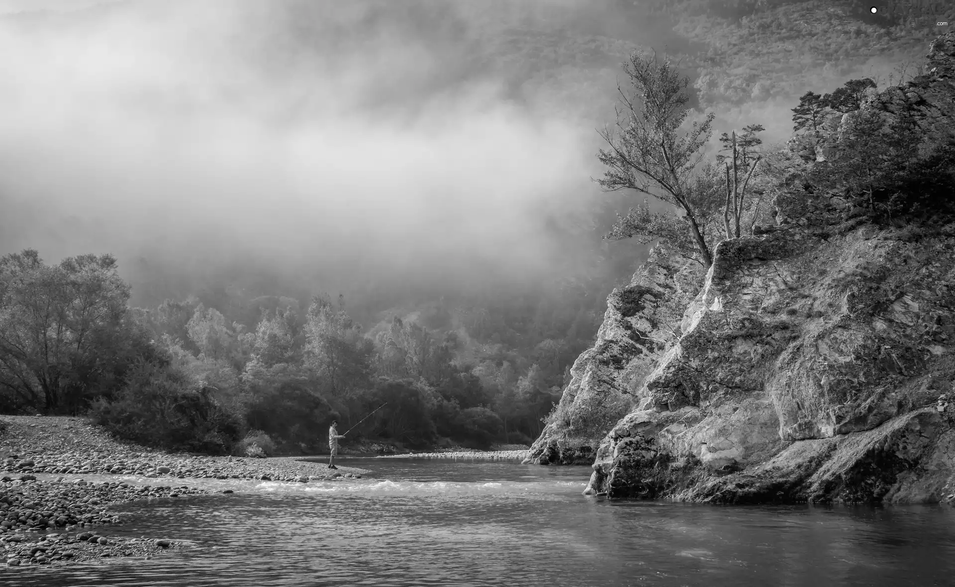 rocks, River, angler, Fog