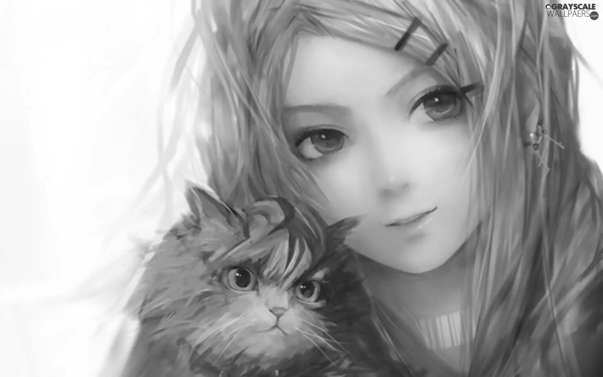 girl, cat, Anime, Gray