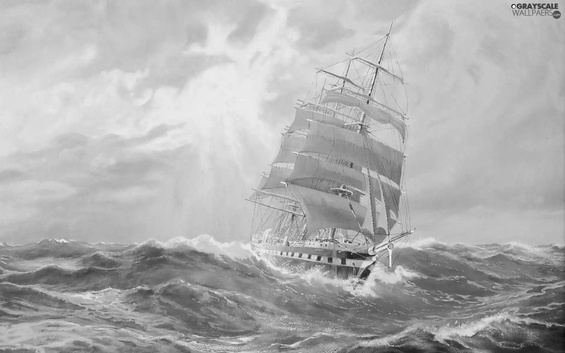 sea, sailing vessel, Art, Waves