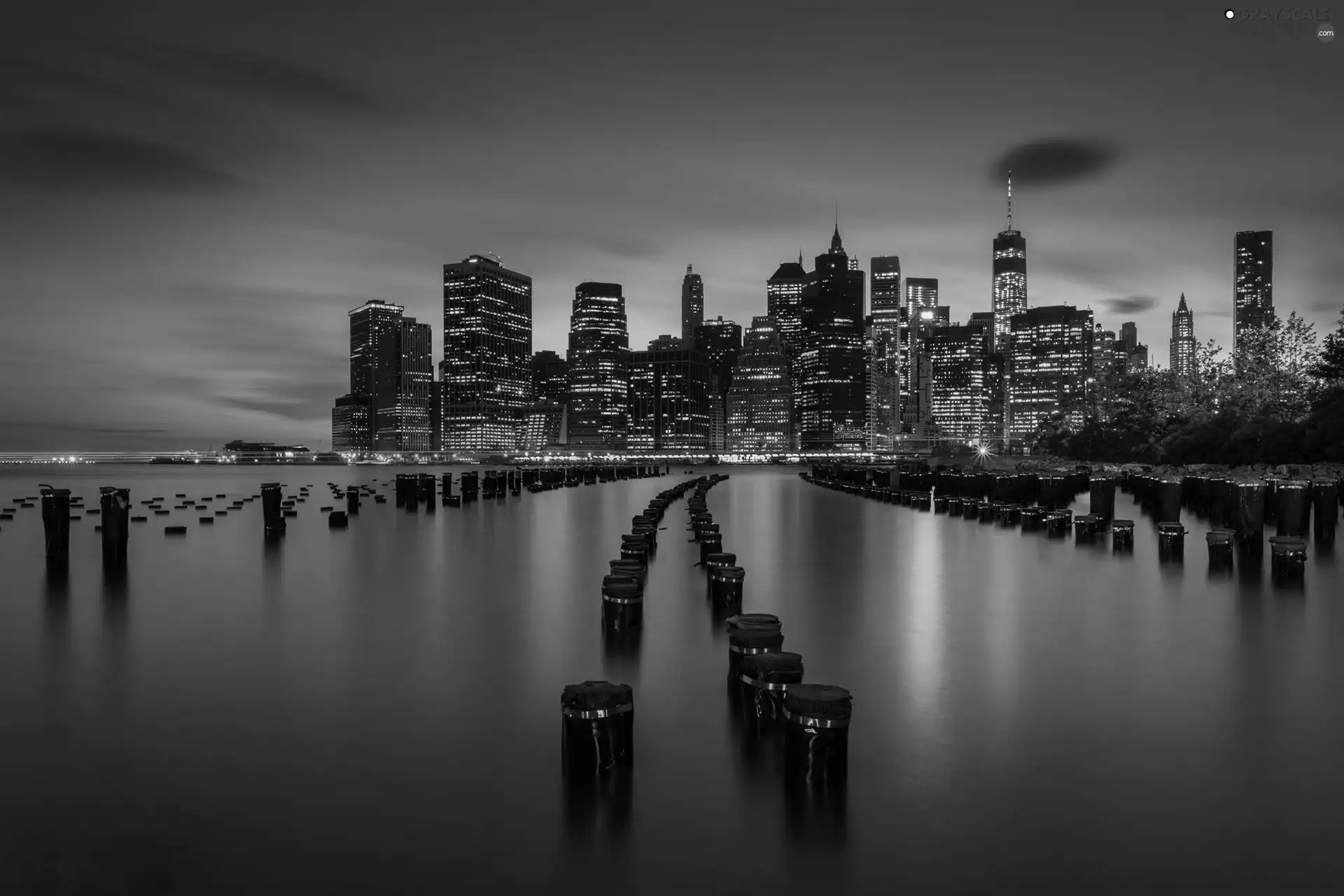 City at Night, New York, sea, Gulf, skyscrapers