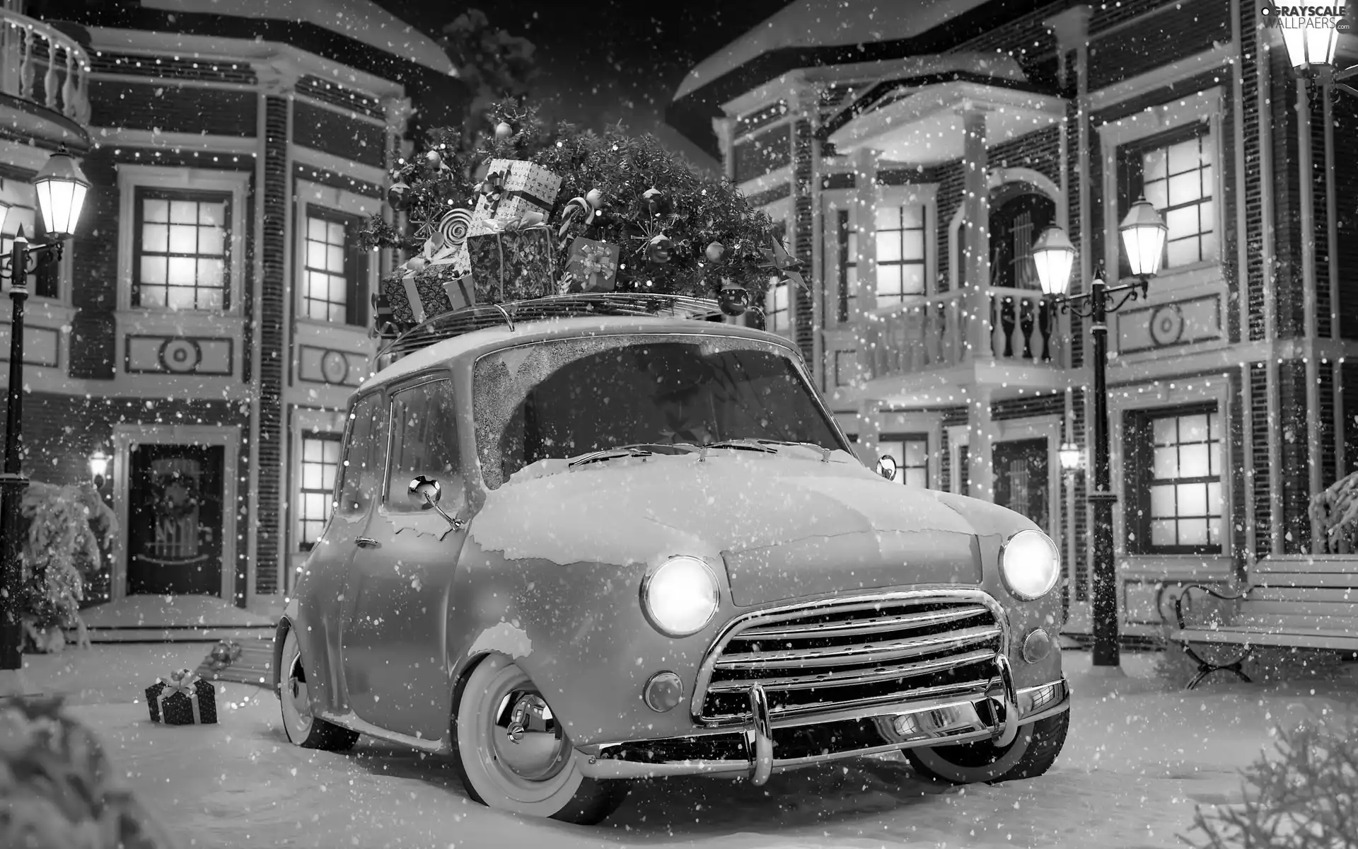 Automobile, Houses, christmas tree, Street, gifts, snow, winter, lanterns
