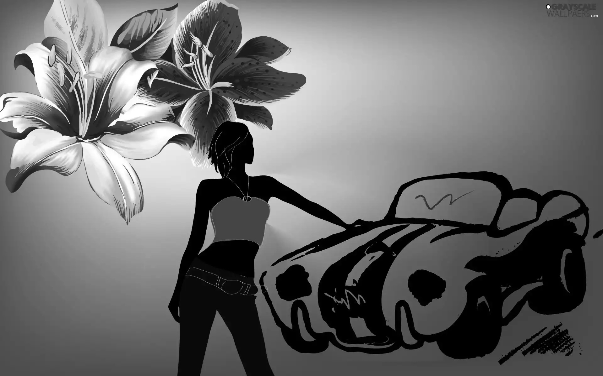 Automobile, graphics, lilies, girl, Flowers
