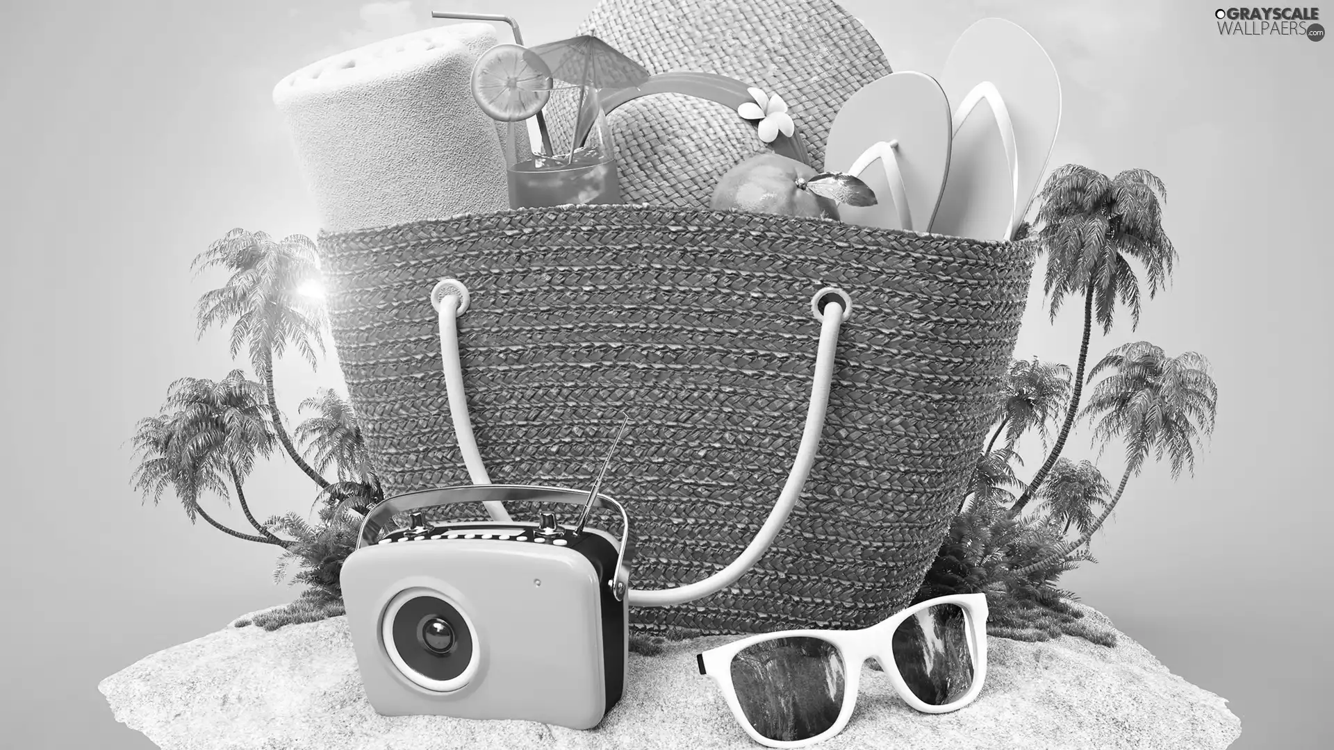 Palms, summer, radio, bag, Flaps, 2D Graphics, Drink, Beaches, holiday, Hat, Glasses