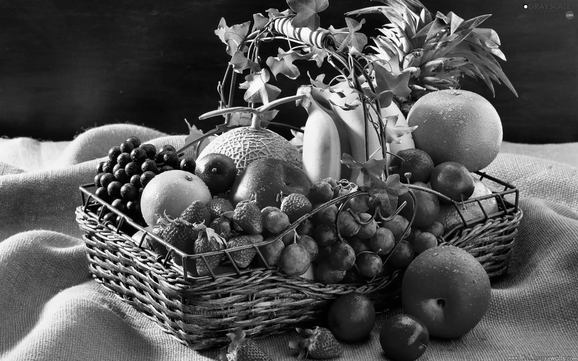 bananas, Grapes, fruits, apples, basket