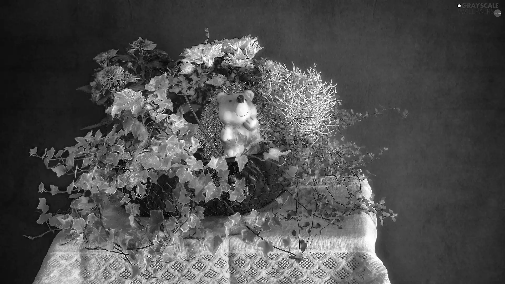 figure, ivy, tablecloth, basket, Plants, hedgehog, graphics