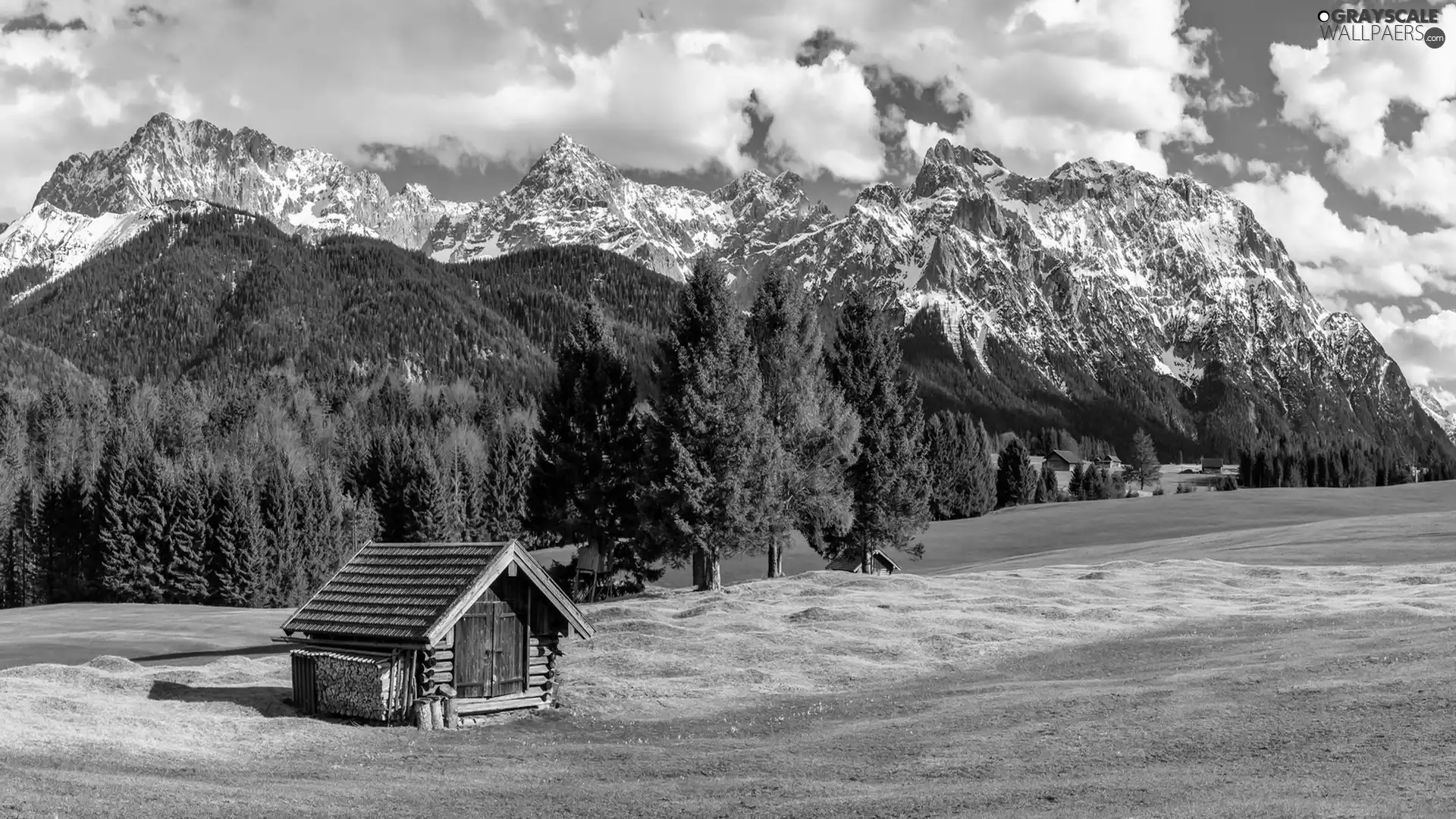 Bavaria, Germany, Karwendel Mountains, forest, Home, clouds, viewes, wooden, trees