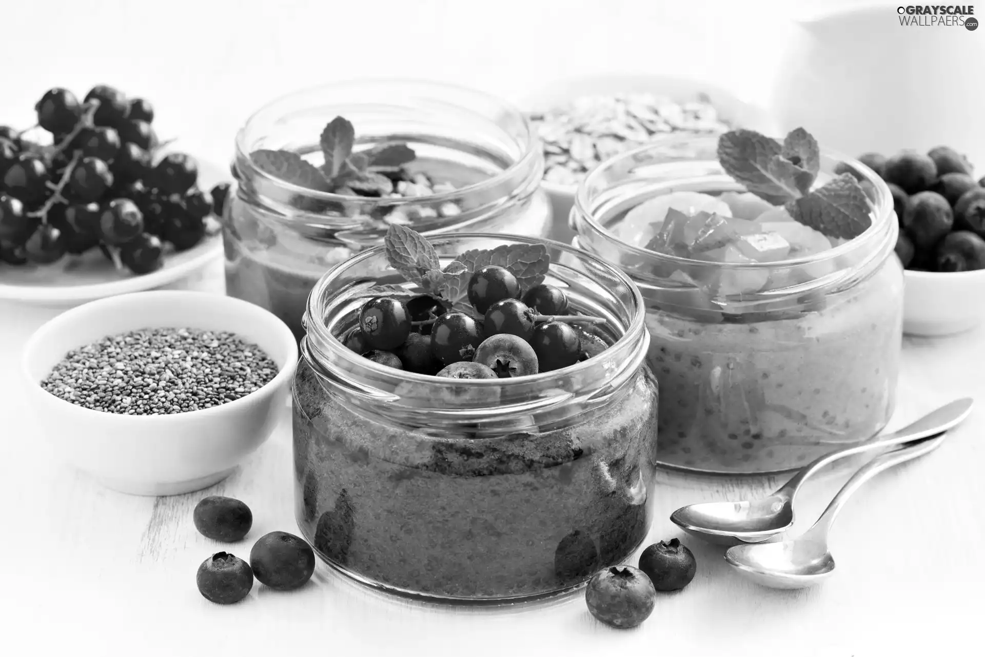 currants, blueberries, jars, Spoons, desserts