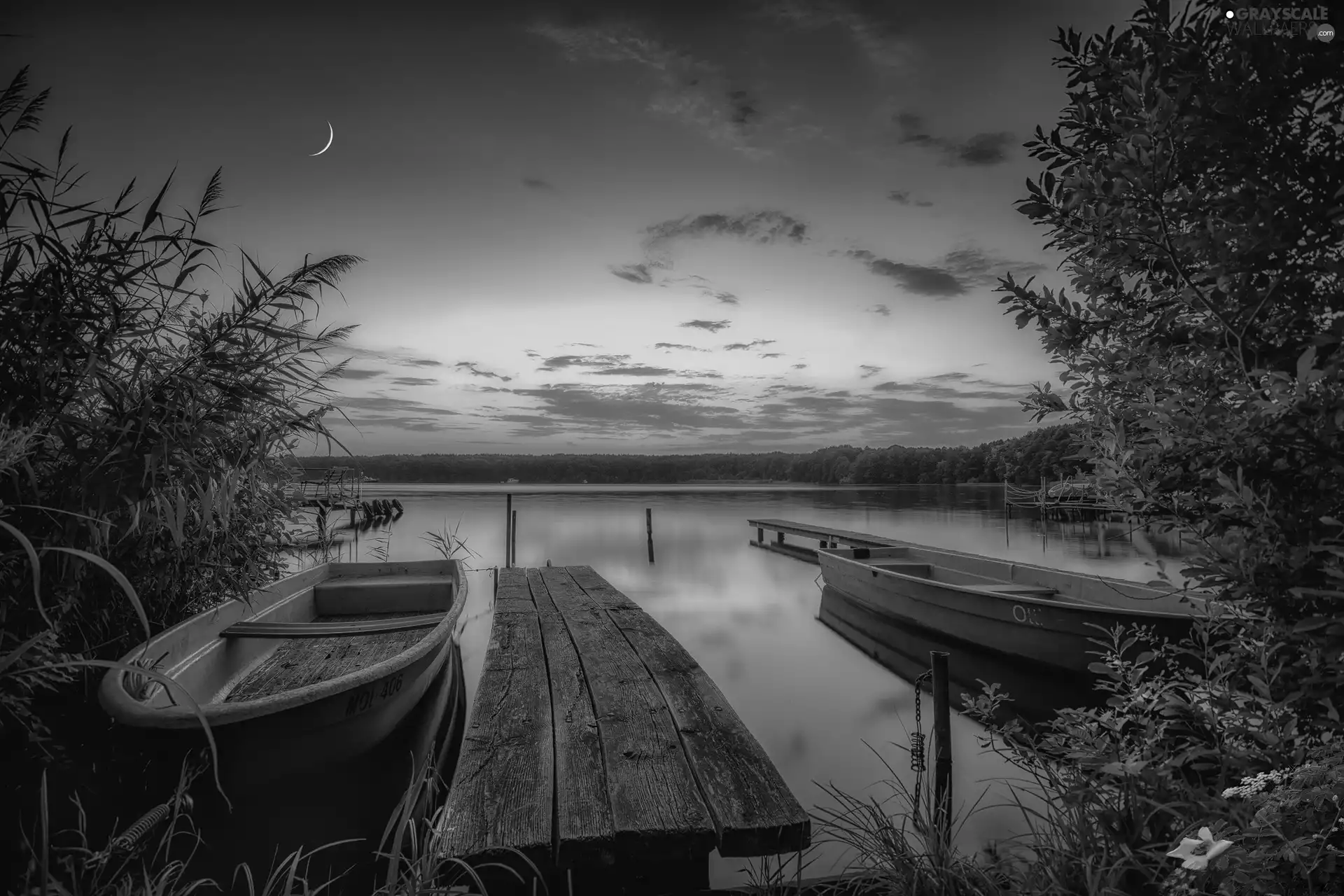 boats, lake, grass, trees, moon, Great Sunsets, Platform, Sky, viewes