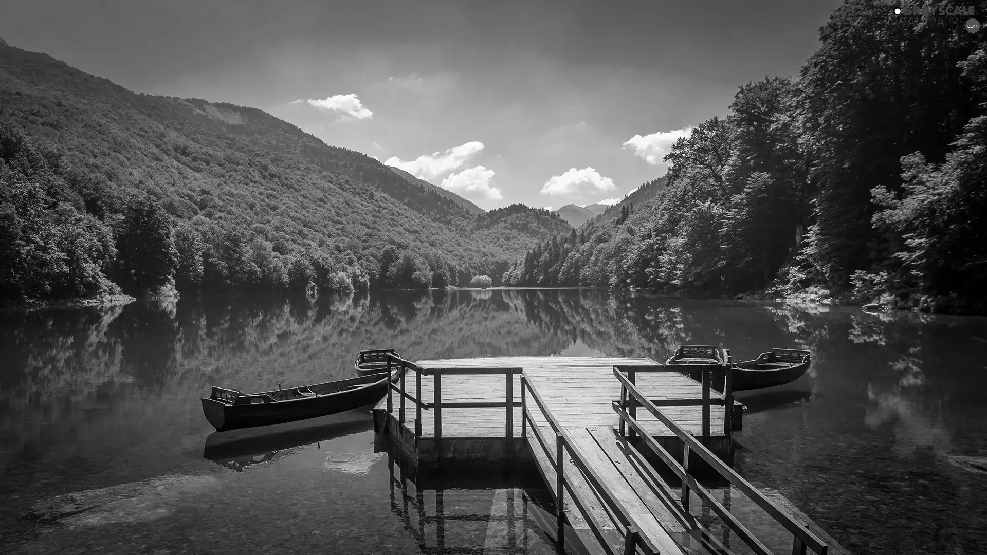 Mountains, Platform, trees, boats, lake, forest, viewes