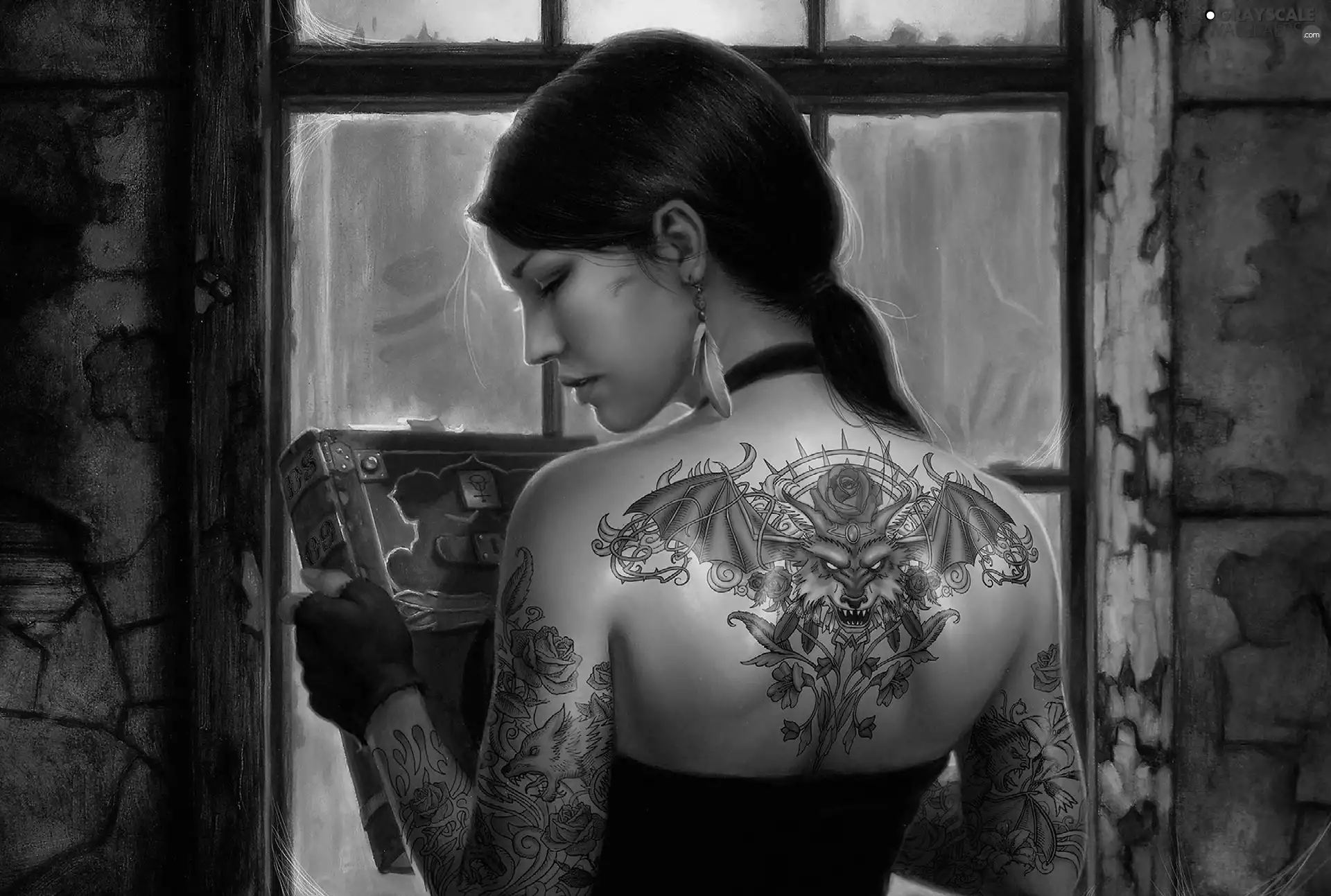 girl, tattoos, Book, ear-ring