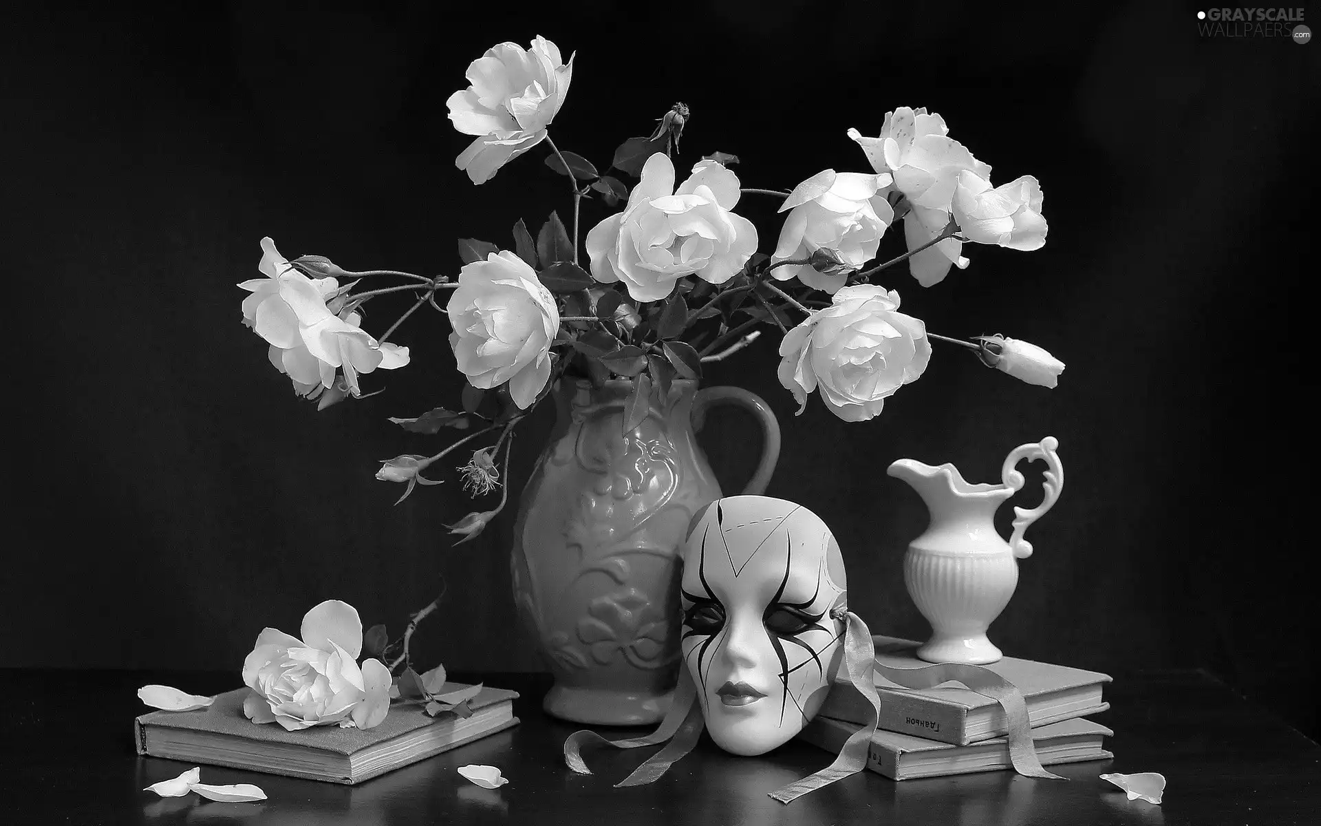 rouge, bouquet, Books, composition, Mask, white