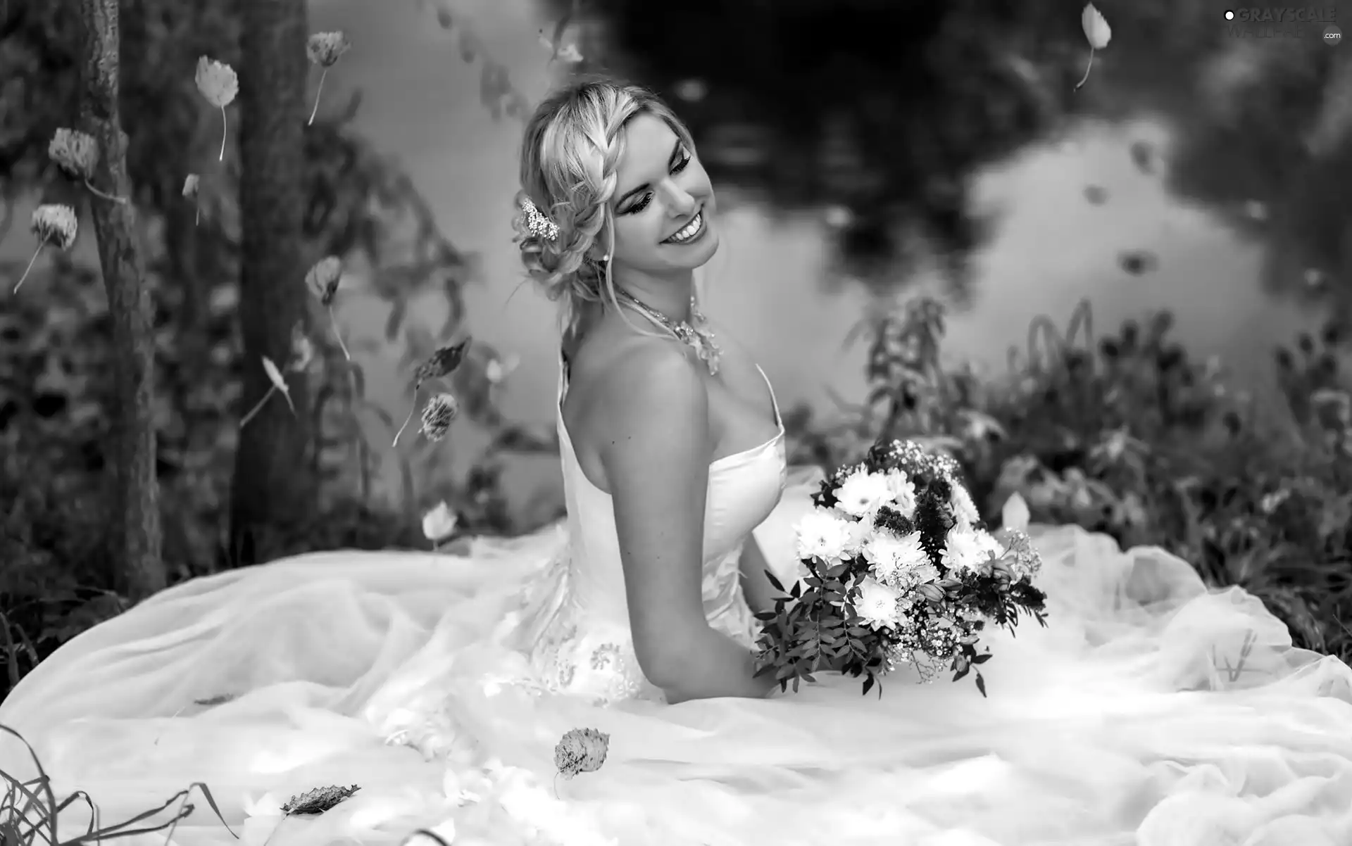 young, bouquet, viewes, flowers, trees, lady, marriage, water