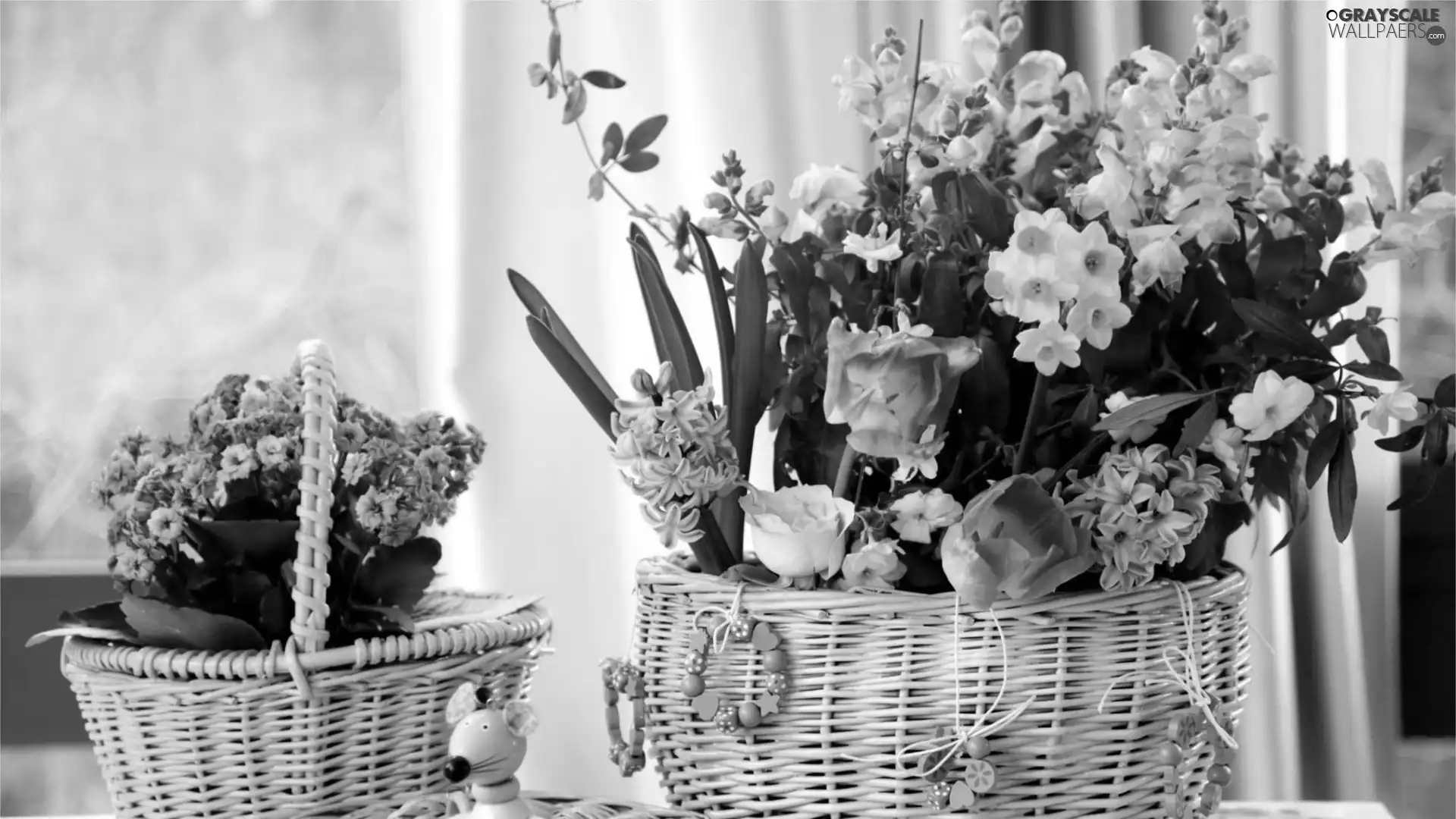 Baskets, Two cars, Bouquets, Flowers, Freesias, roses, Tulips, Daffodils, Hyacinths