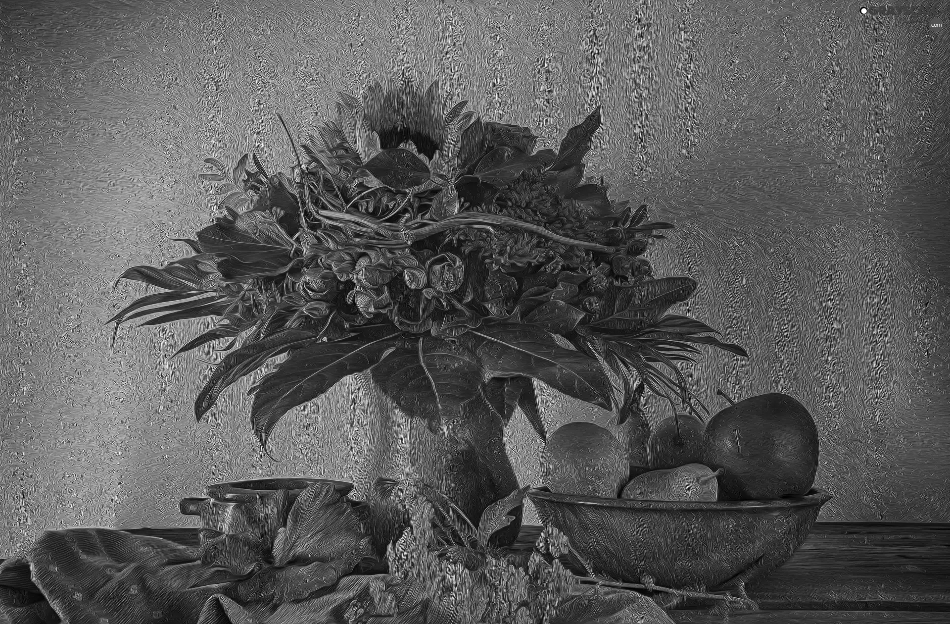 Fruits, bouquet, composition, bowl, Flowers, apples, graphics