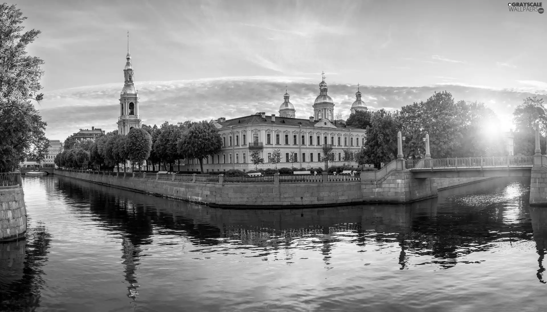 St. Petersburg, Russia, The council of saint Nicholas and Epiphany, Kryukowski Canal, viewes, Cerkiew, Sunrise, trees, bridge