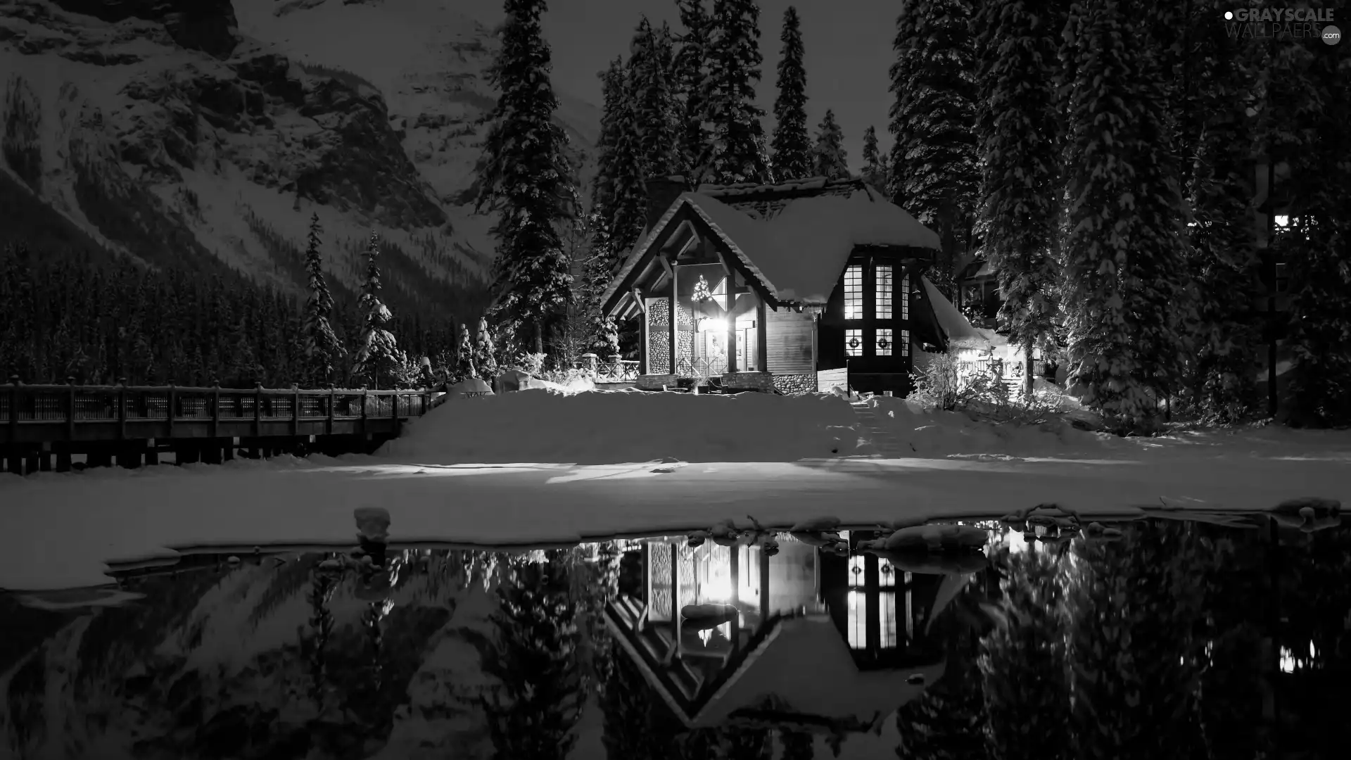 Mountains, Floodlit, Province of British Columbia, winter, Canada, trees, Emerald Lake, forest, snow, Yoho National Park, bridge, viewes, house