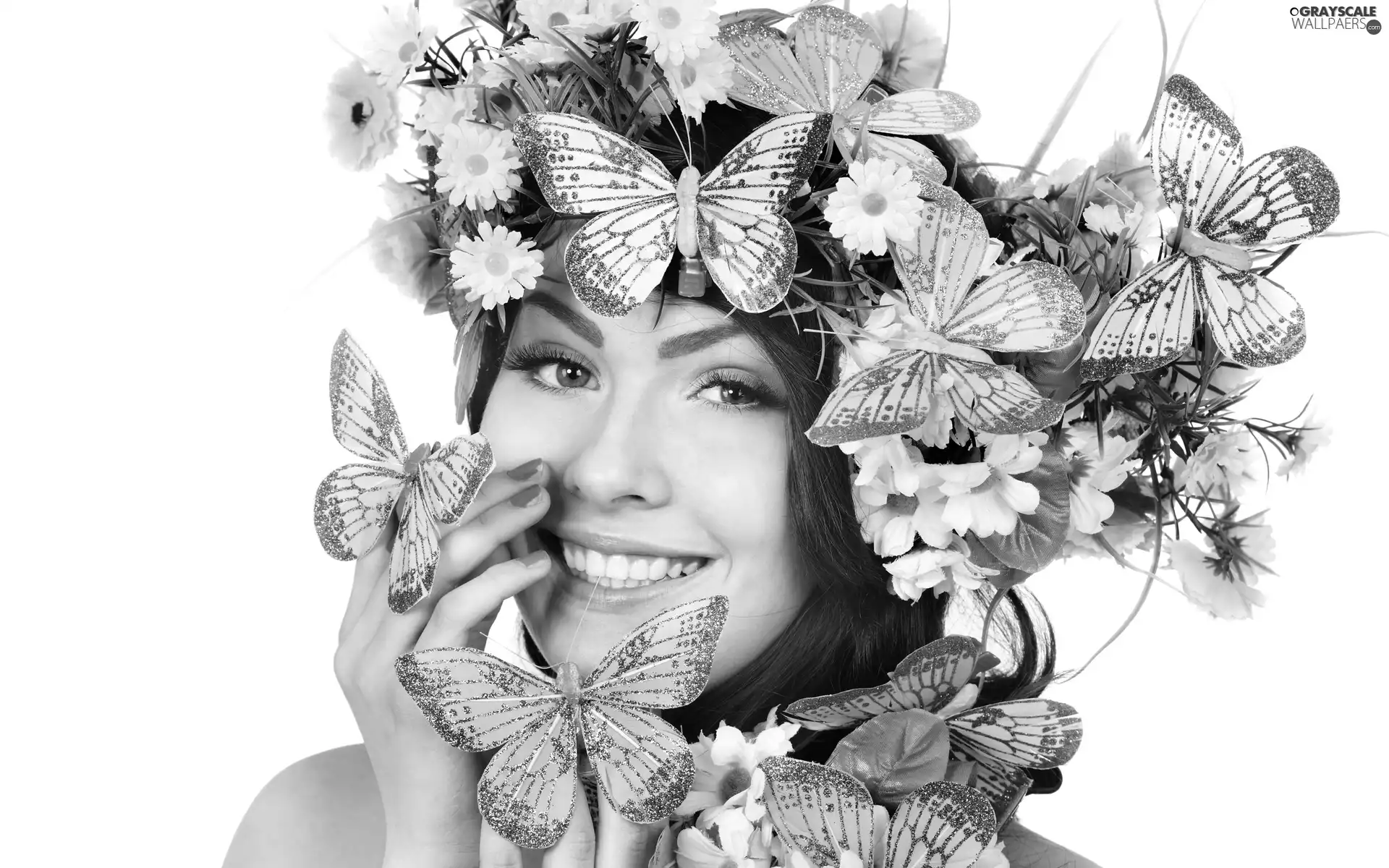 Women, Flowers, butterflies, make-up