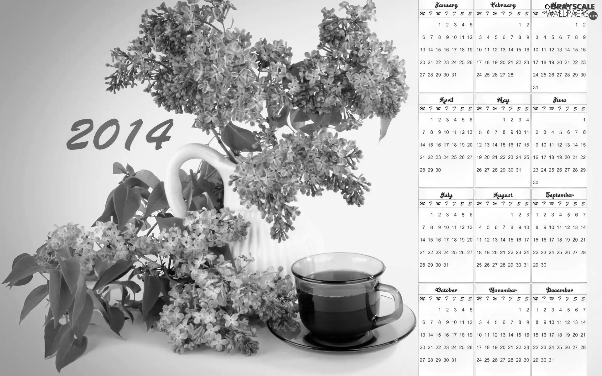 Lilacs, coffee, Calendar 2014, cup