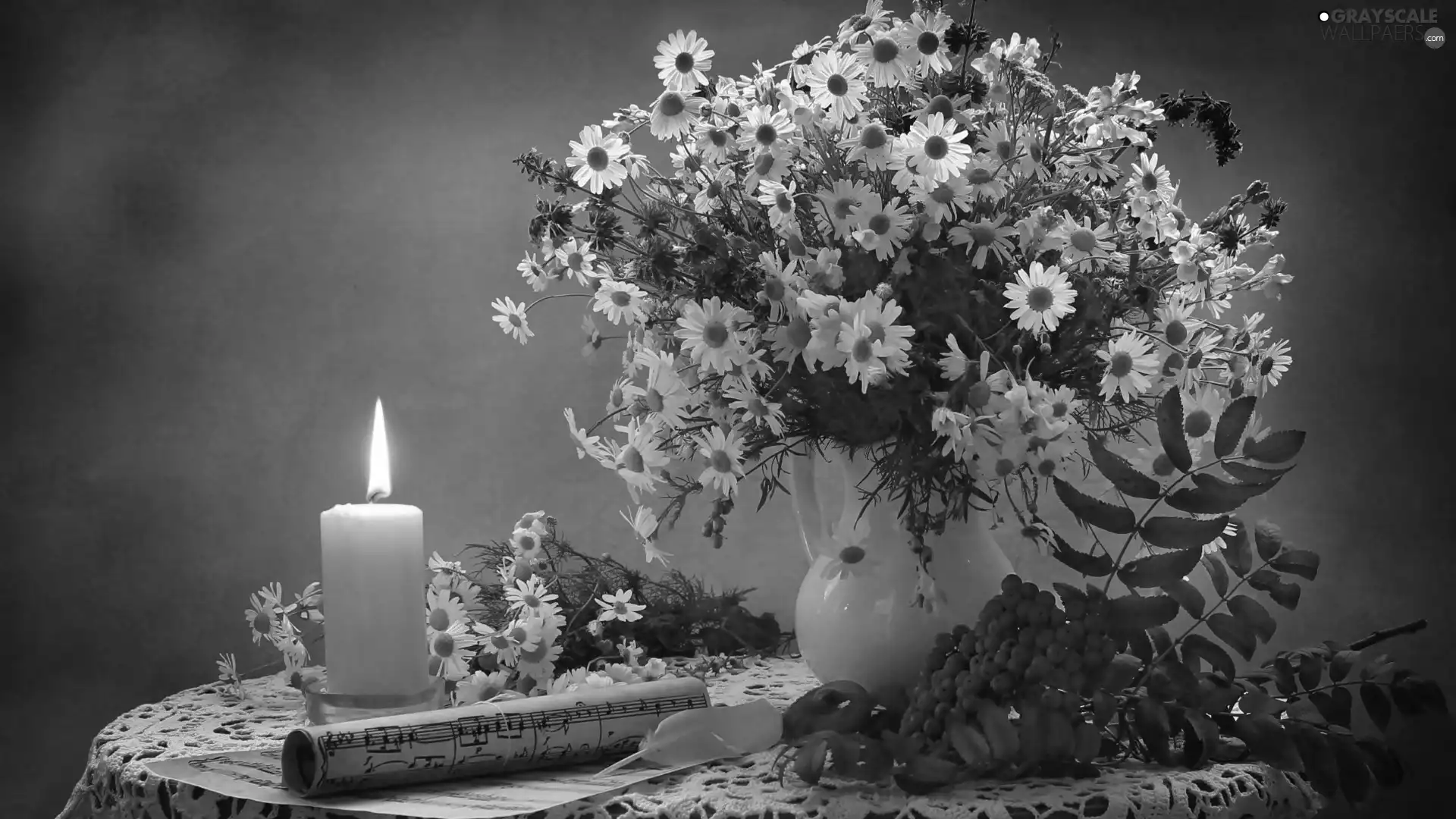 Vase, chamomile, Plant, bouquet, composition, candle, Tunes