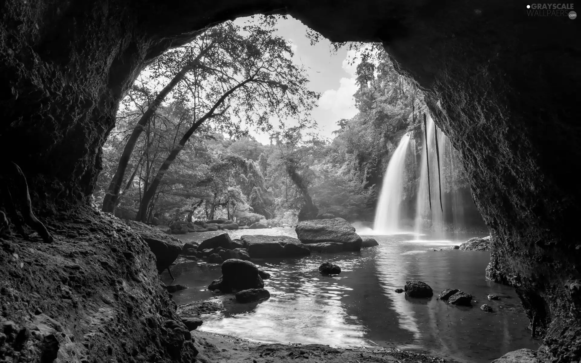 cave, cave, rocks, River, viewes, forest, waterfall, trees, Stones