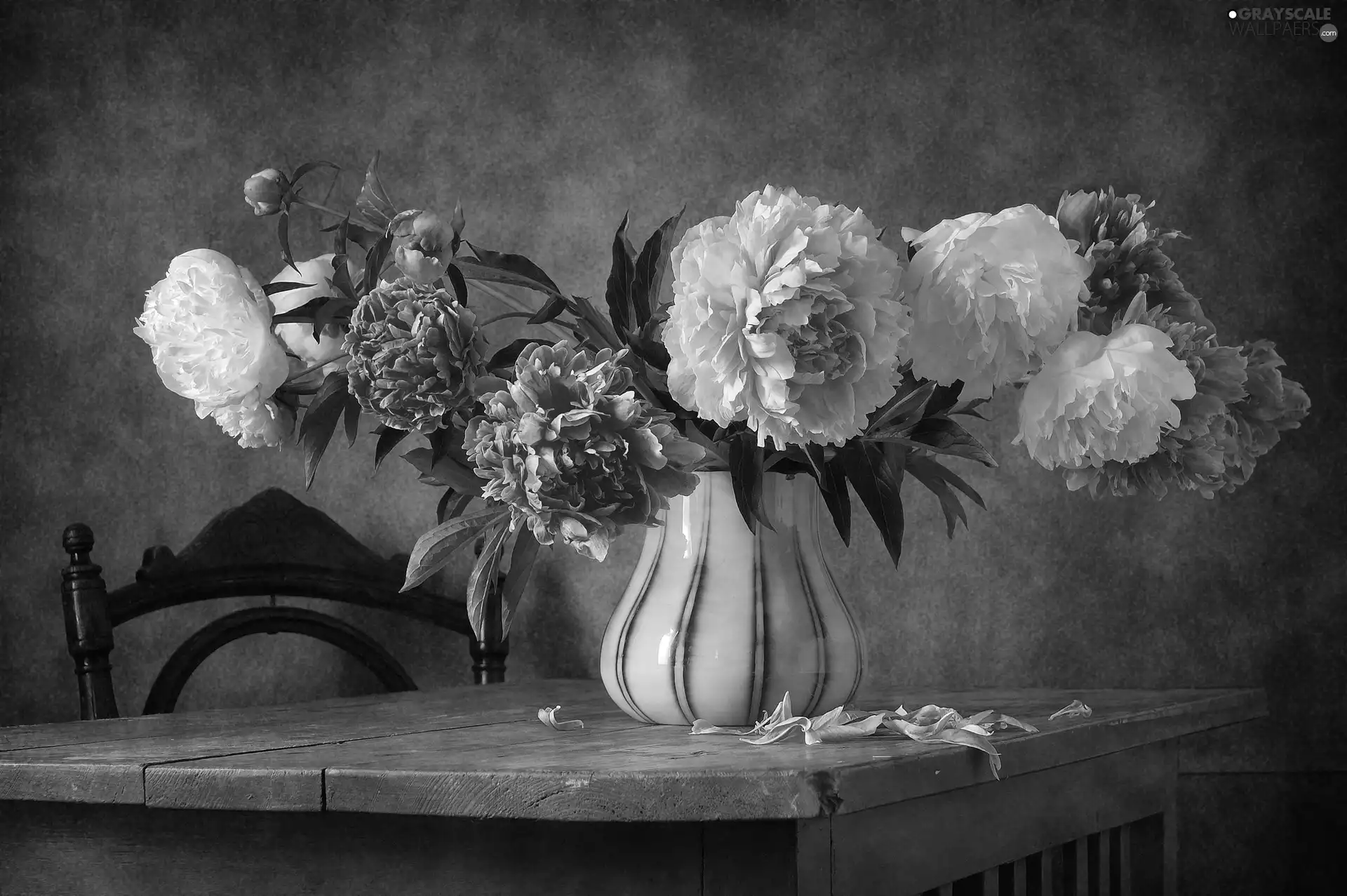 bouquet, Flowers, Table, Chair, Vase, Peonies