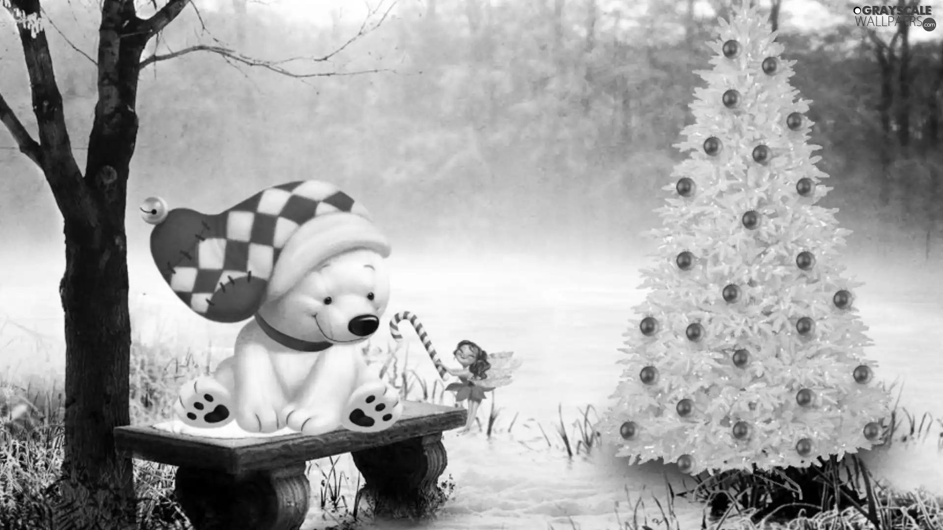 forest, teddy bear, christmas tree