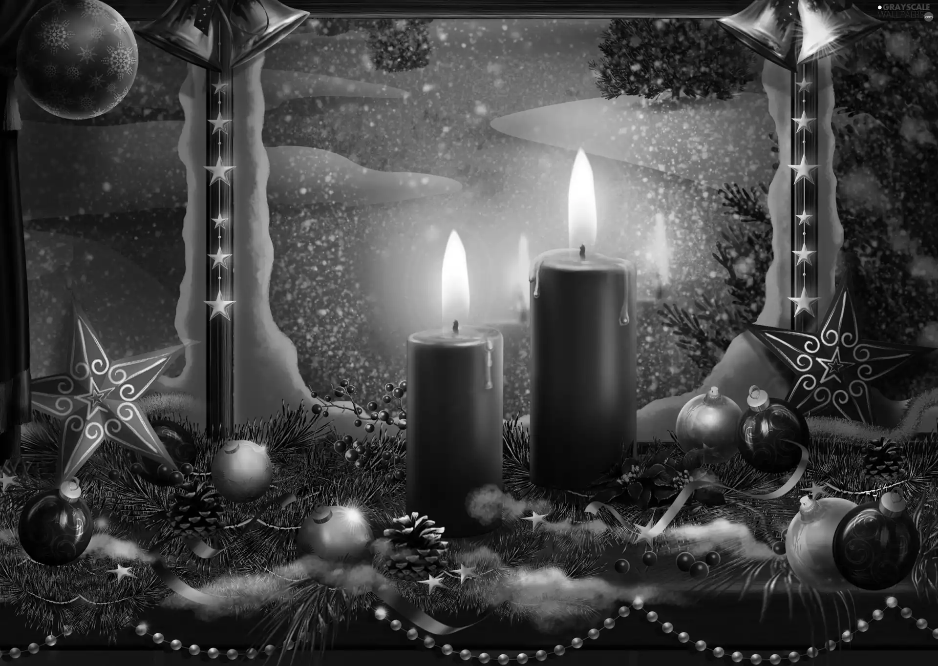 Candles, Window, Christmas, composition, baubles, Red