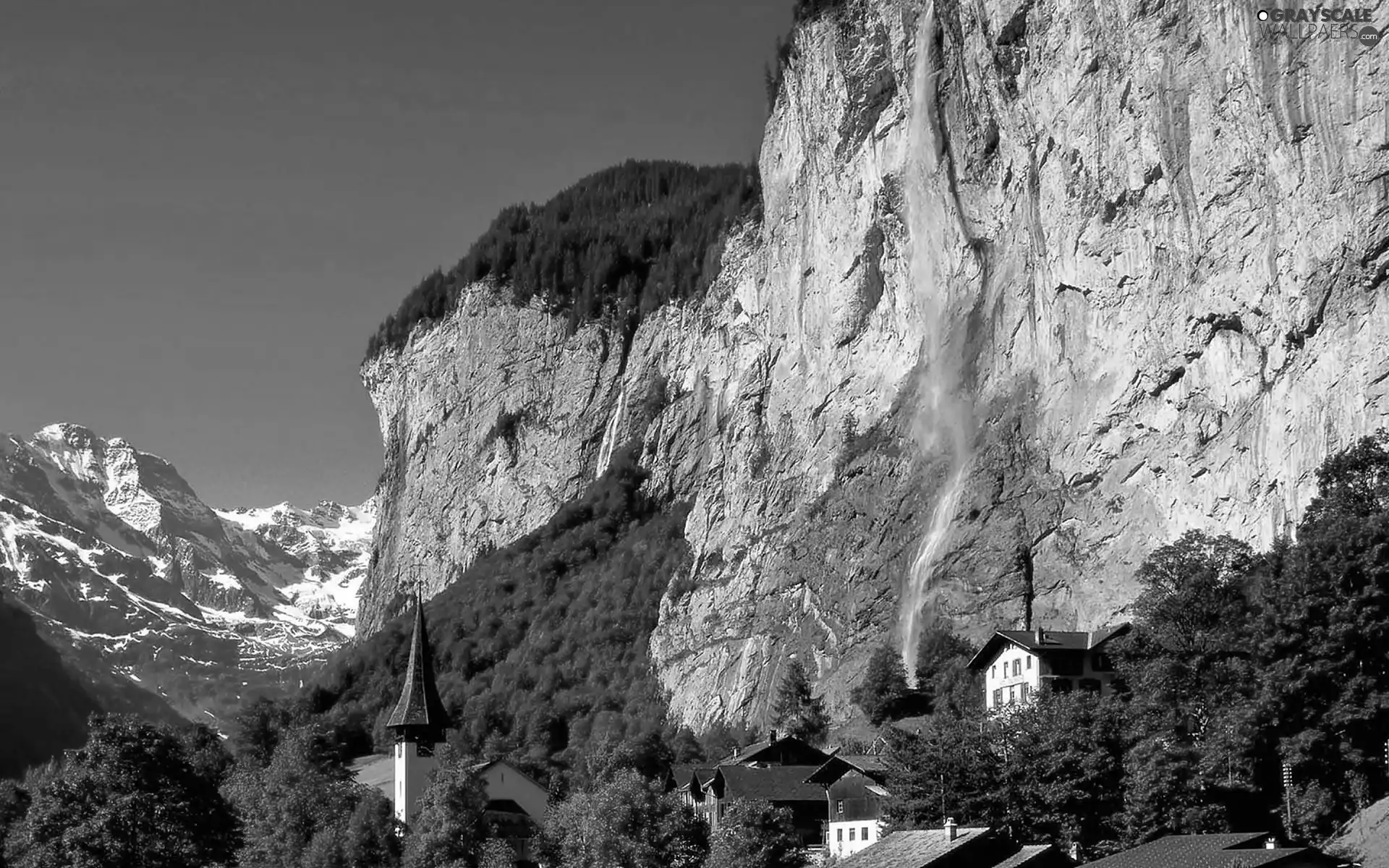 forest, Lauterbrunnen, Church, Houses, waterfall, Mountains