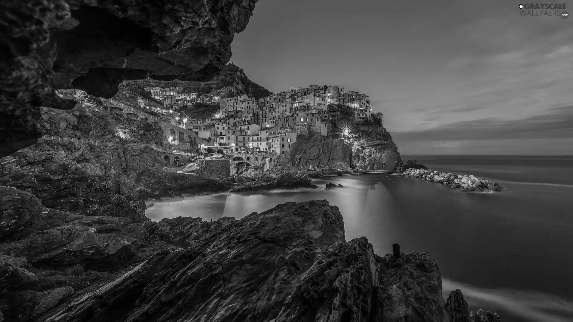 Houses, Riomaggiore Municipality, Cinque Terre, rocks, Ligurian Sea, Italy, Manarola, Gulf, light, color