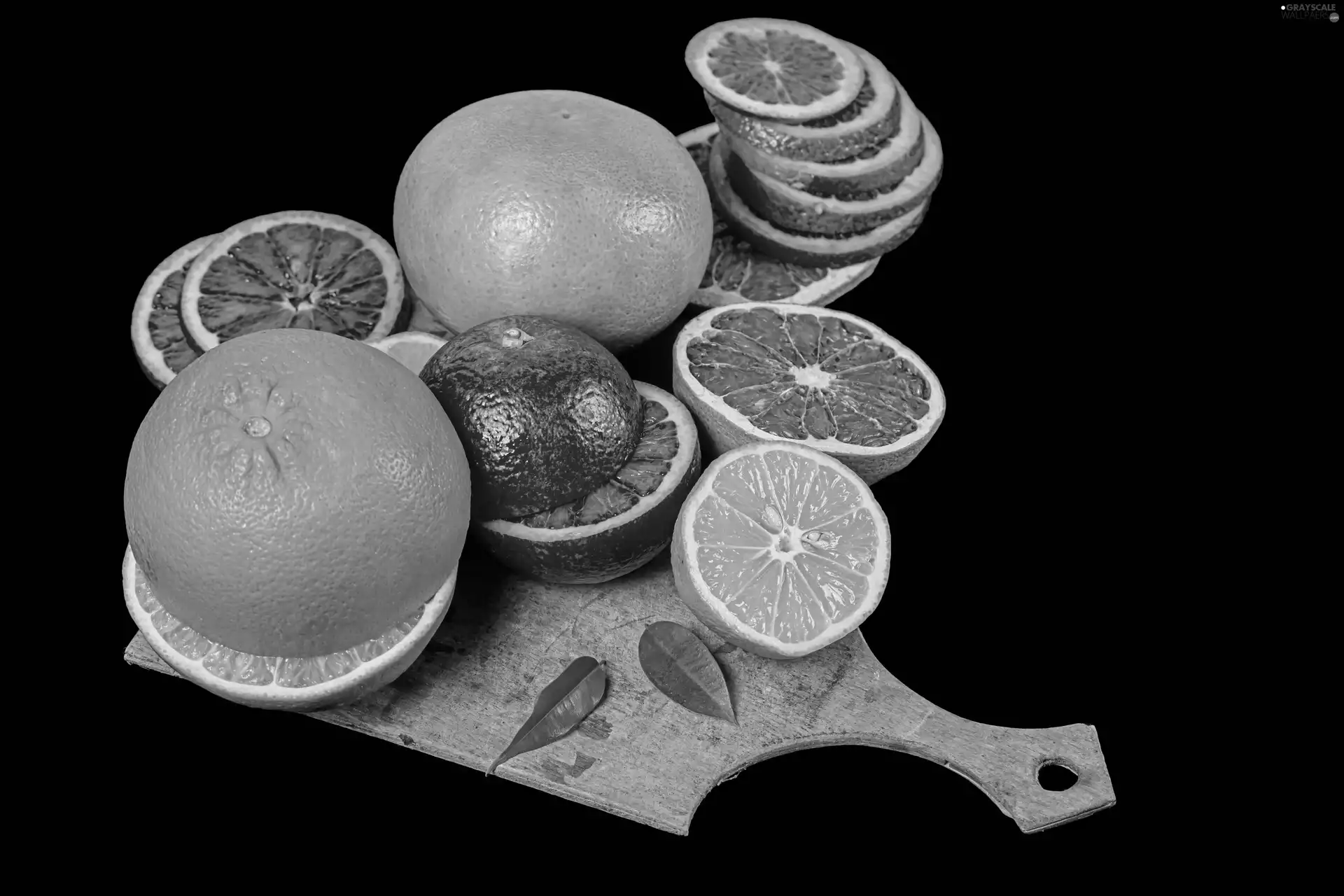 citrus, Fruits, grapefruit, orange, Black, background, leaves, board, Lemon