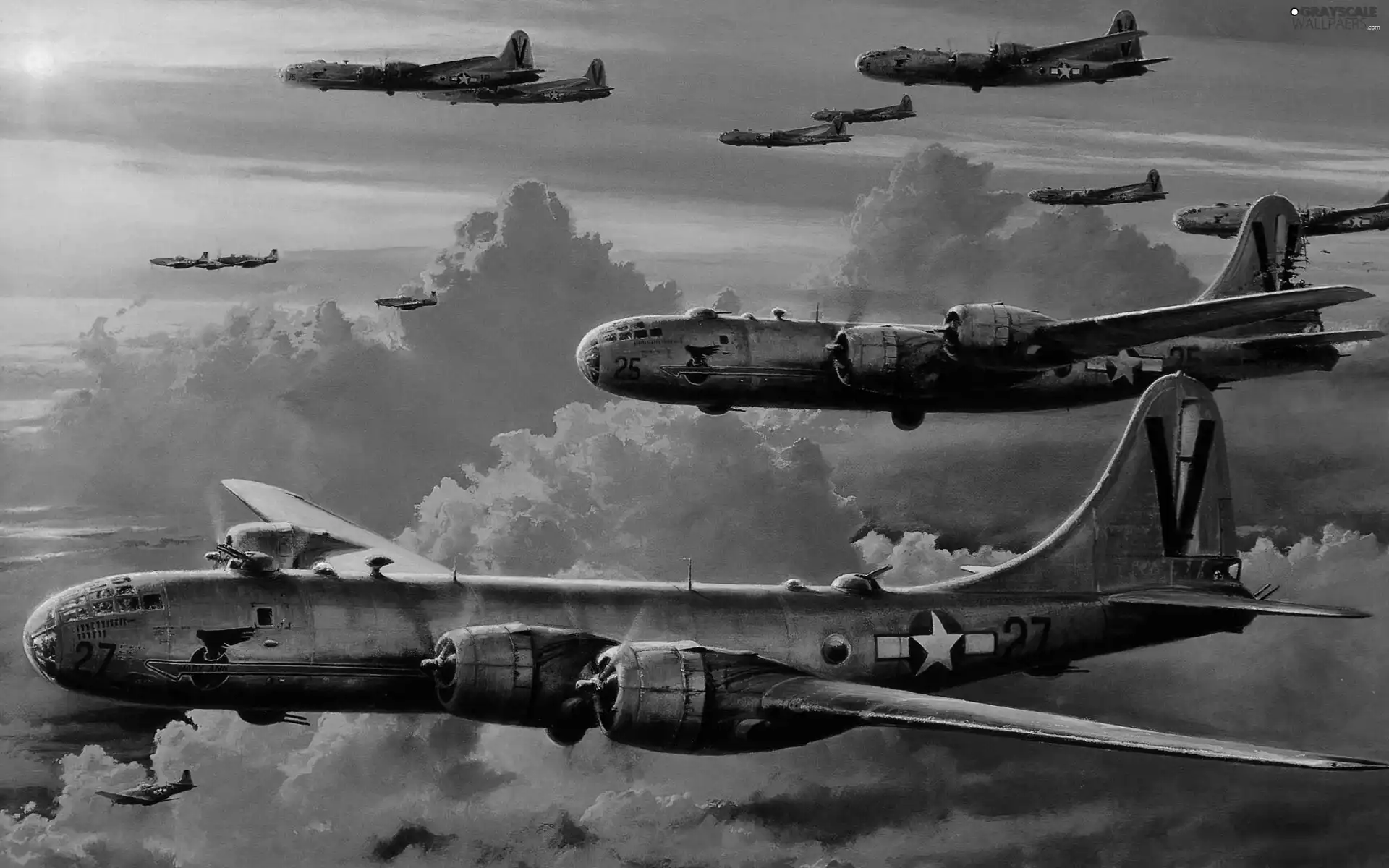 Bombers, Sky, clouds, B-29