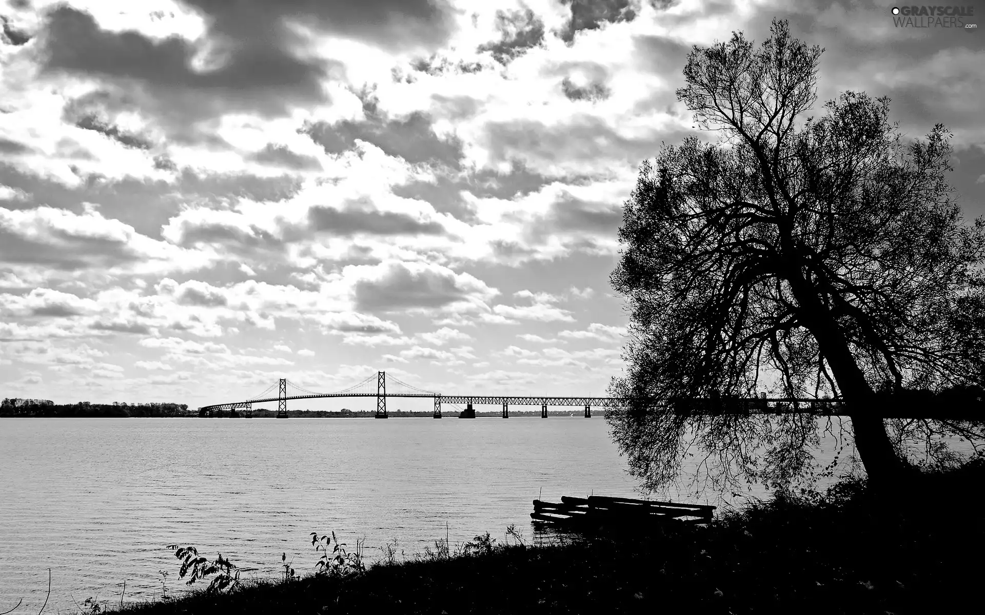 clouds, River, bridge