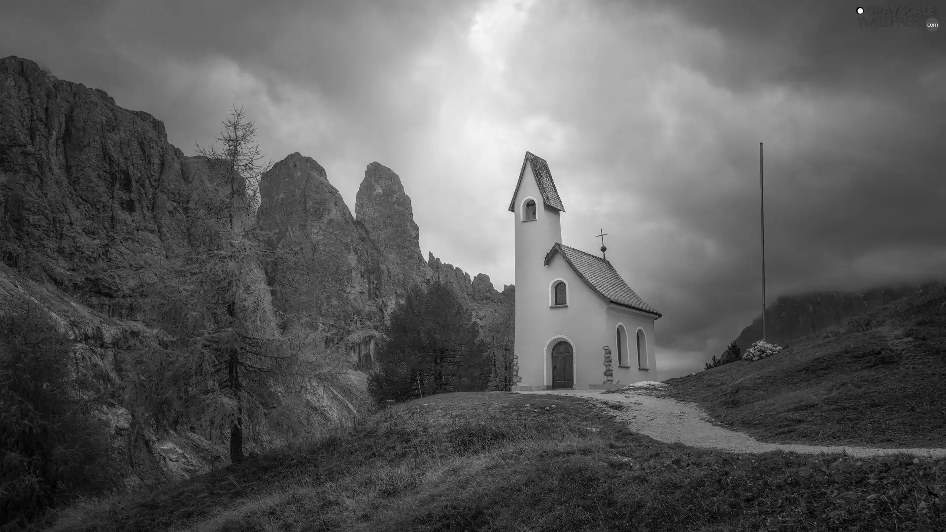 Path, Mountains, viewes, clouds, trees, chapel