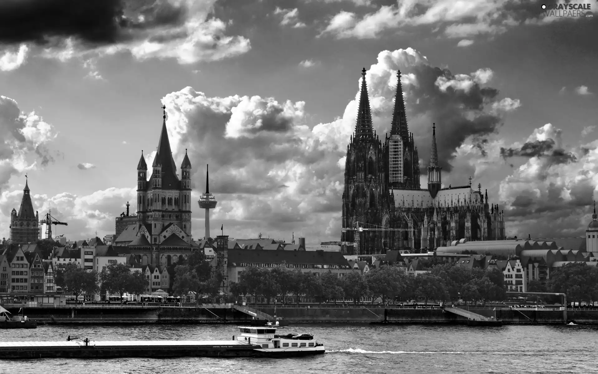 Cologne, River, clouds, chair
