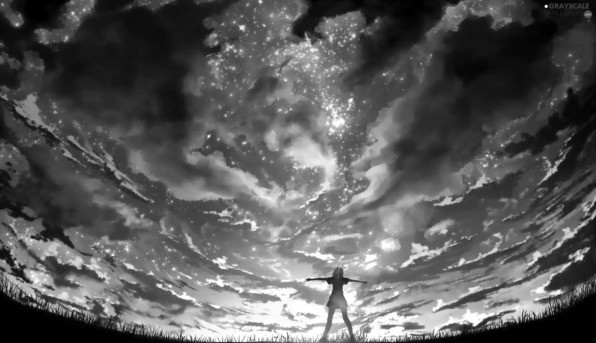 girl, star, clouds, Sky