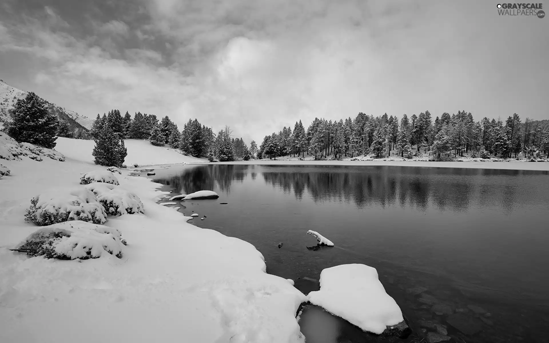 lake, winter, viewes, clouds, trees, snow