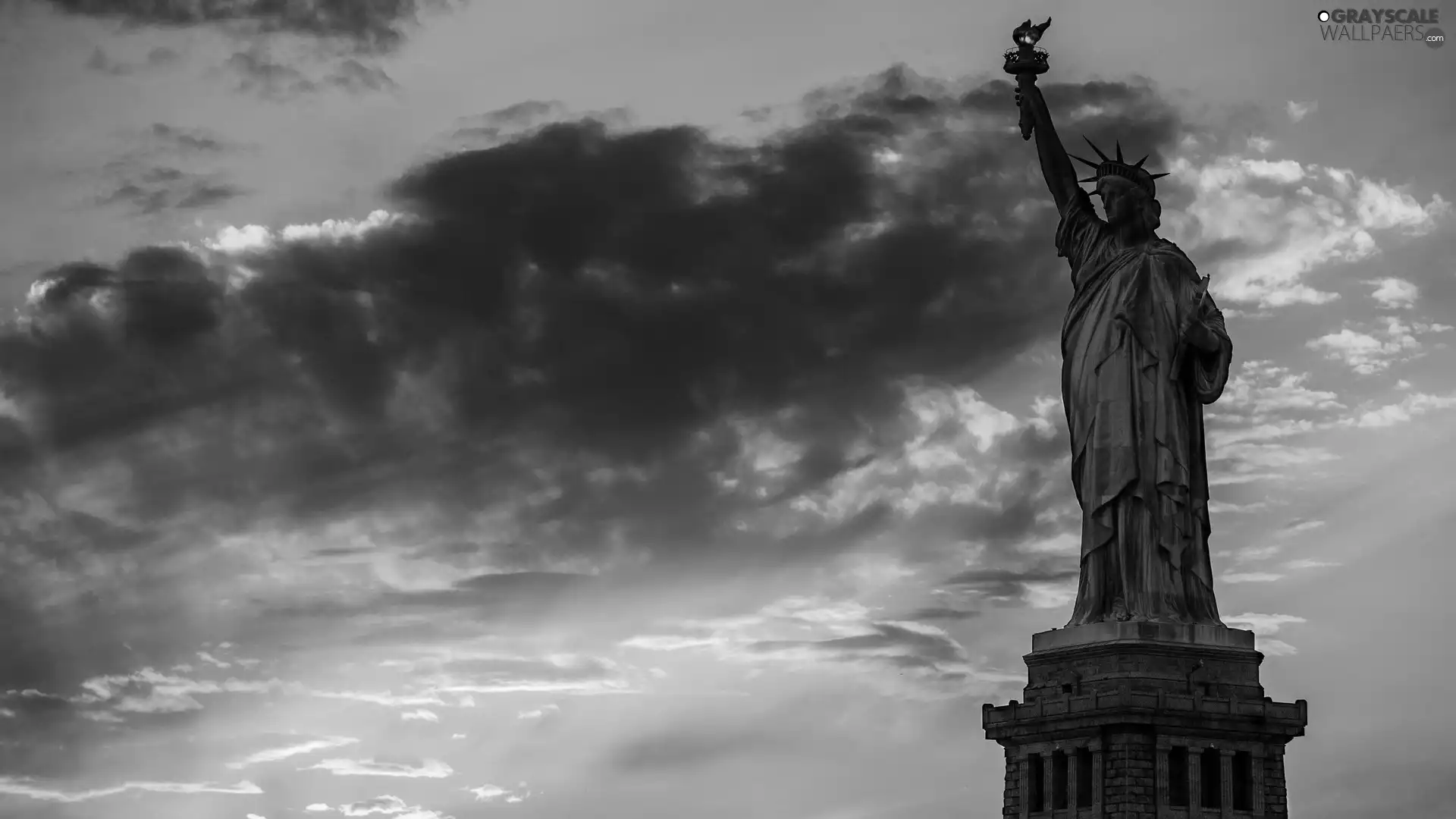 freedom, statue, clouds, Przebijające, luminosity, USA, sun, flash, ligh