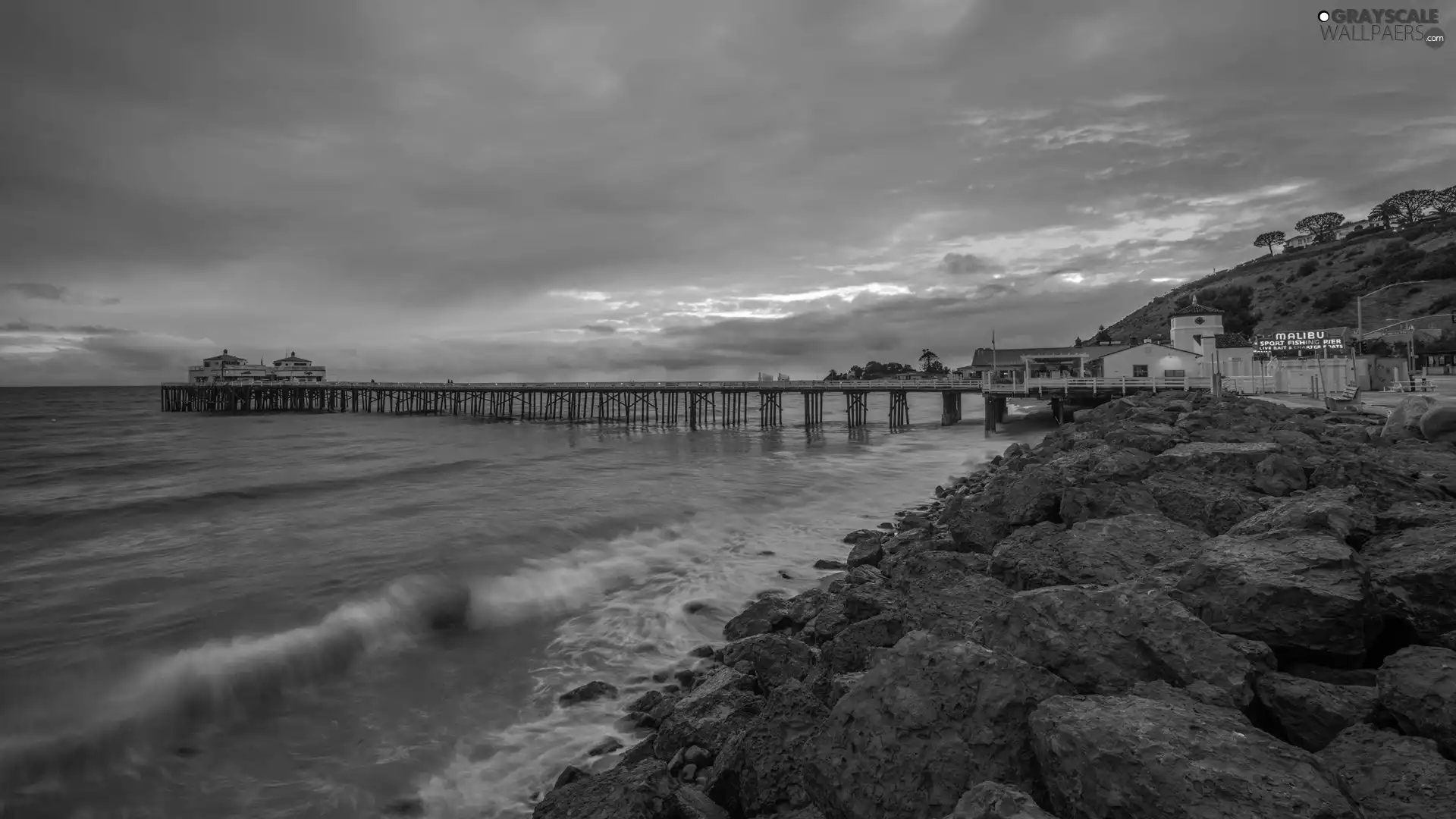 California, The United States, Malibu, sea, Stones, Great Sunsets, Coast, Waves, pier