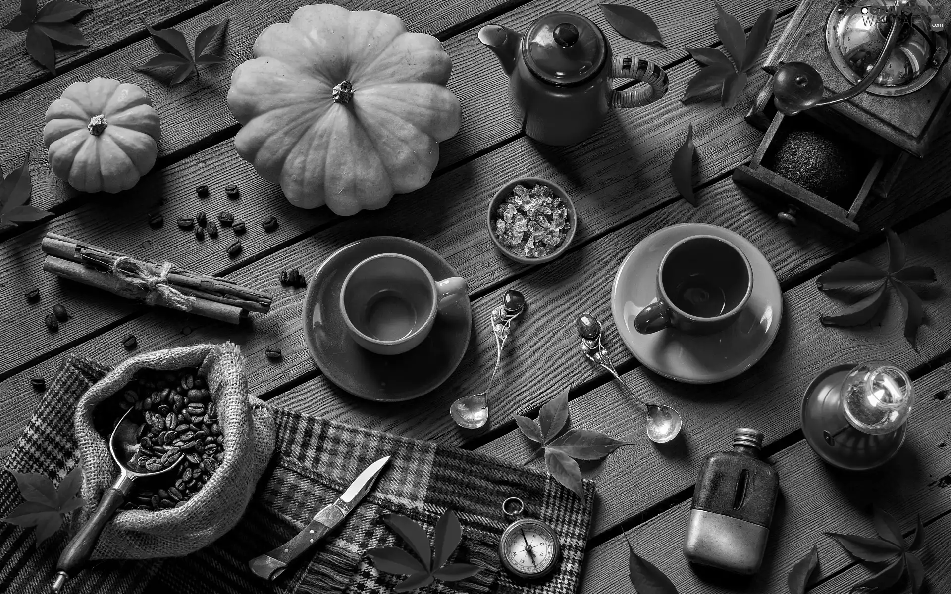 coffee, mill, grains, Spoons, autumn, composition, Leaf, pumpkin, cups