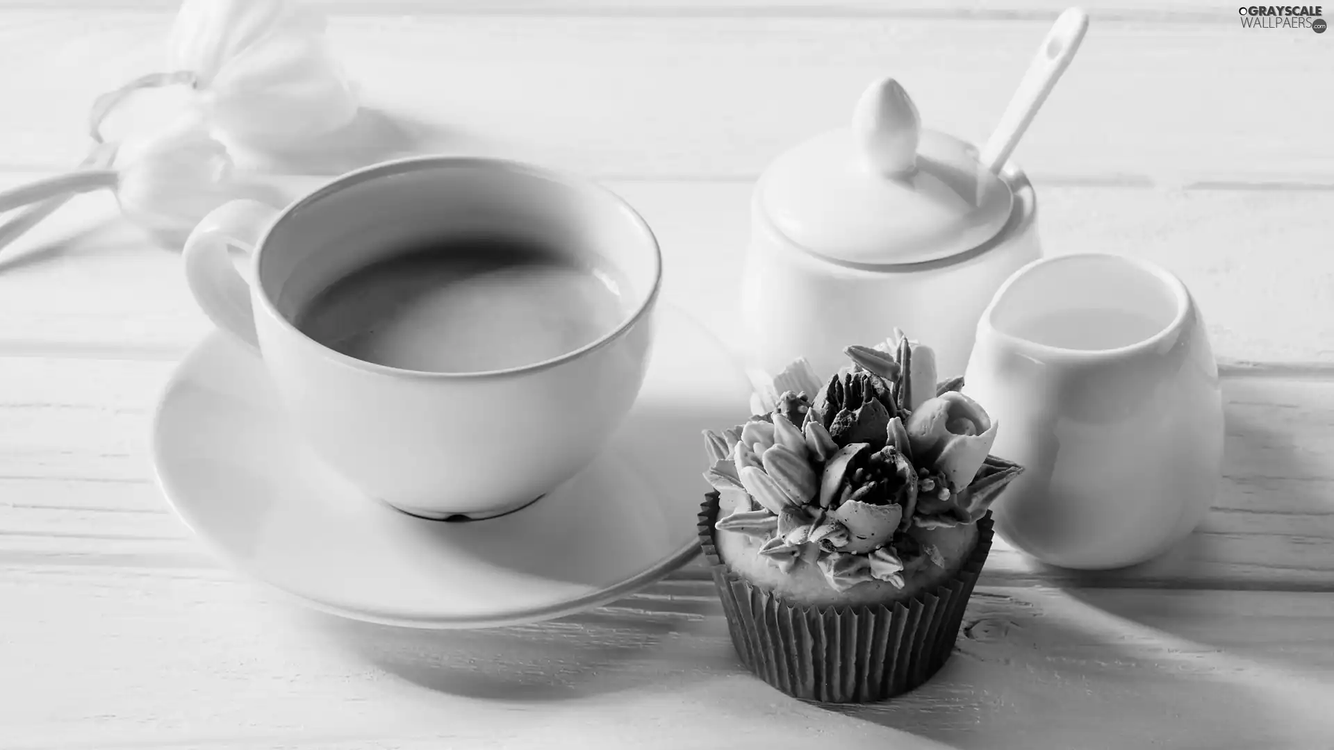 coffee, cup, cream, sugar bowl, Tulips, boarding, Flowers, White, cake
