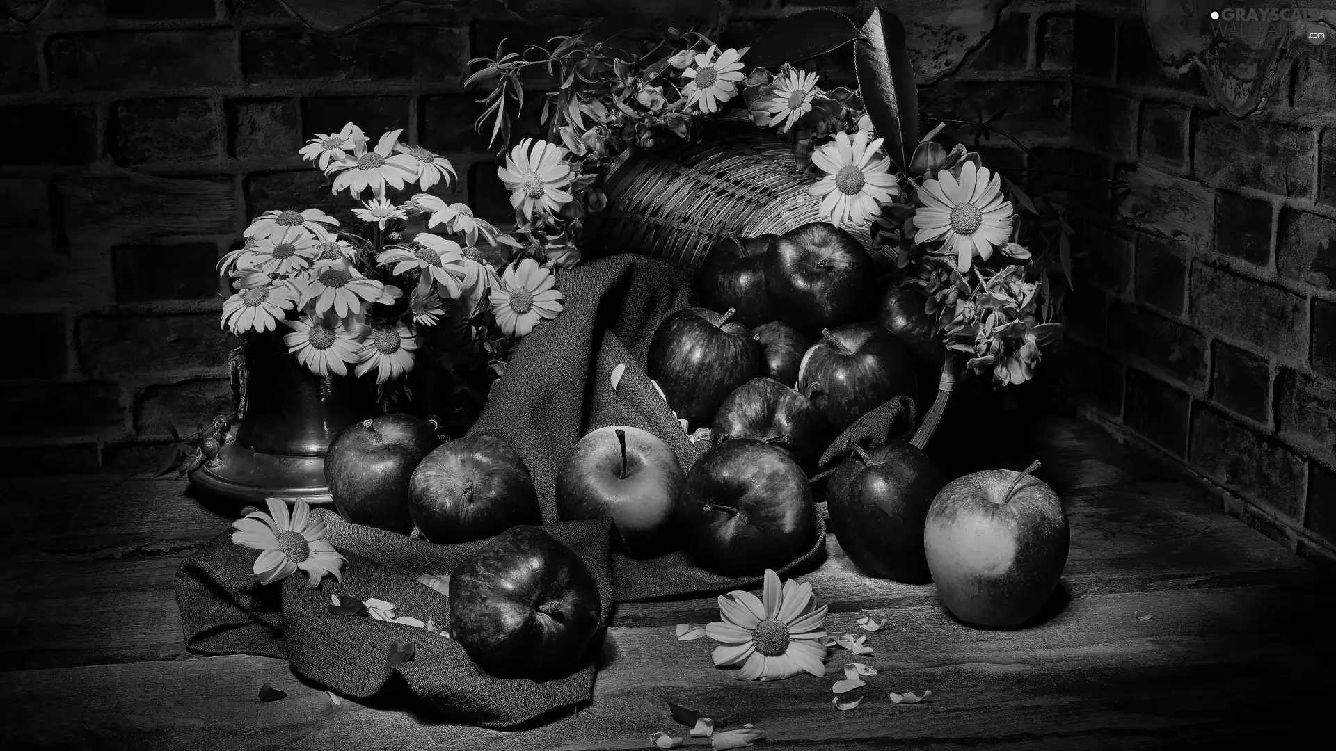 apples, Fruits, daisy, composition, Flowers, basket
