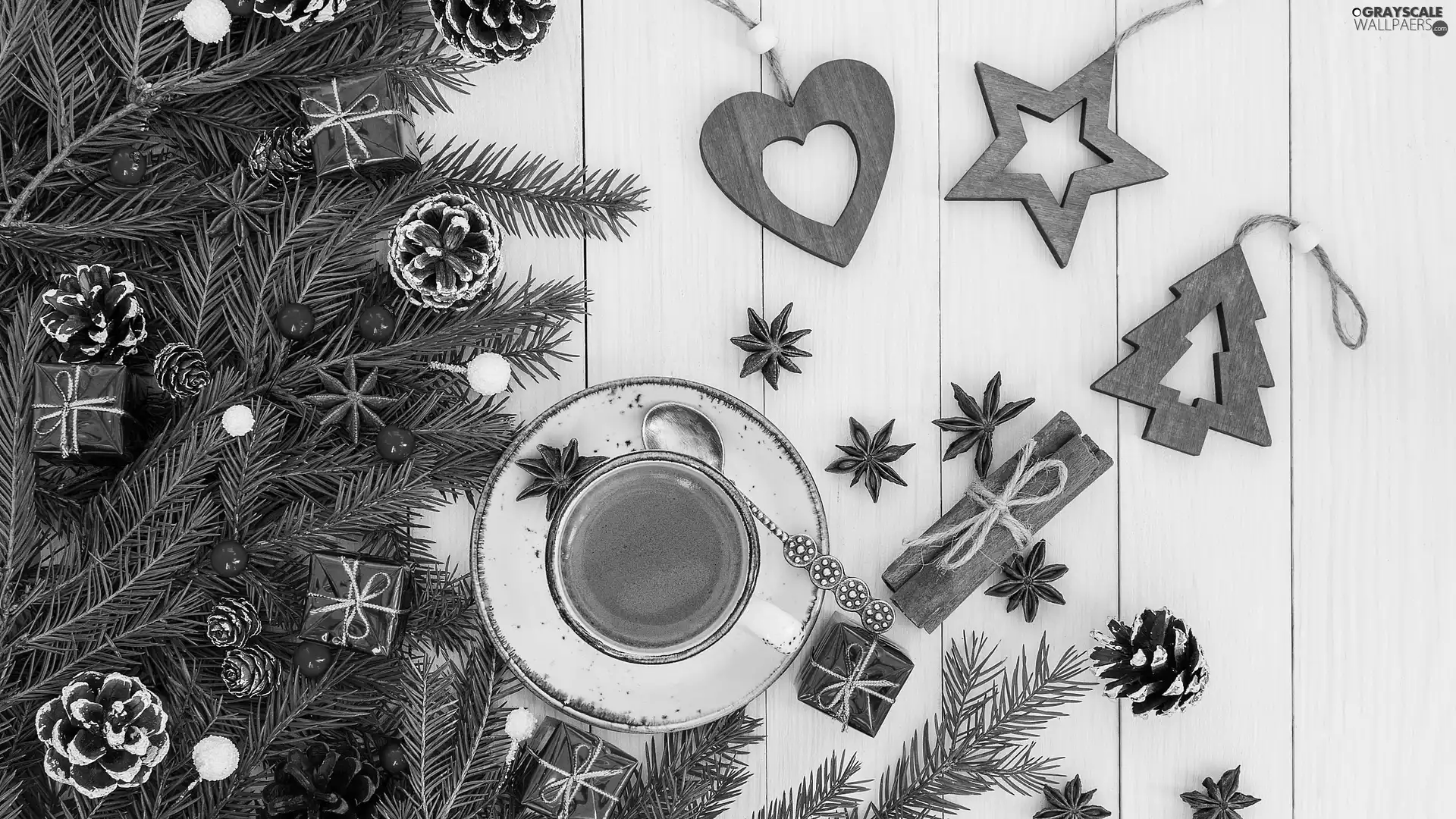 composition, Christmas, cup, coffee, pendants, boarding, cones, gifts, Twigs