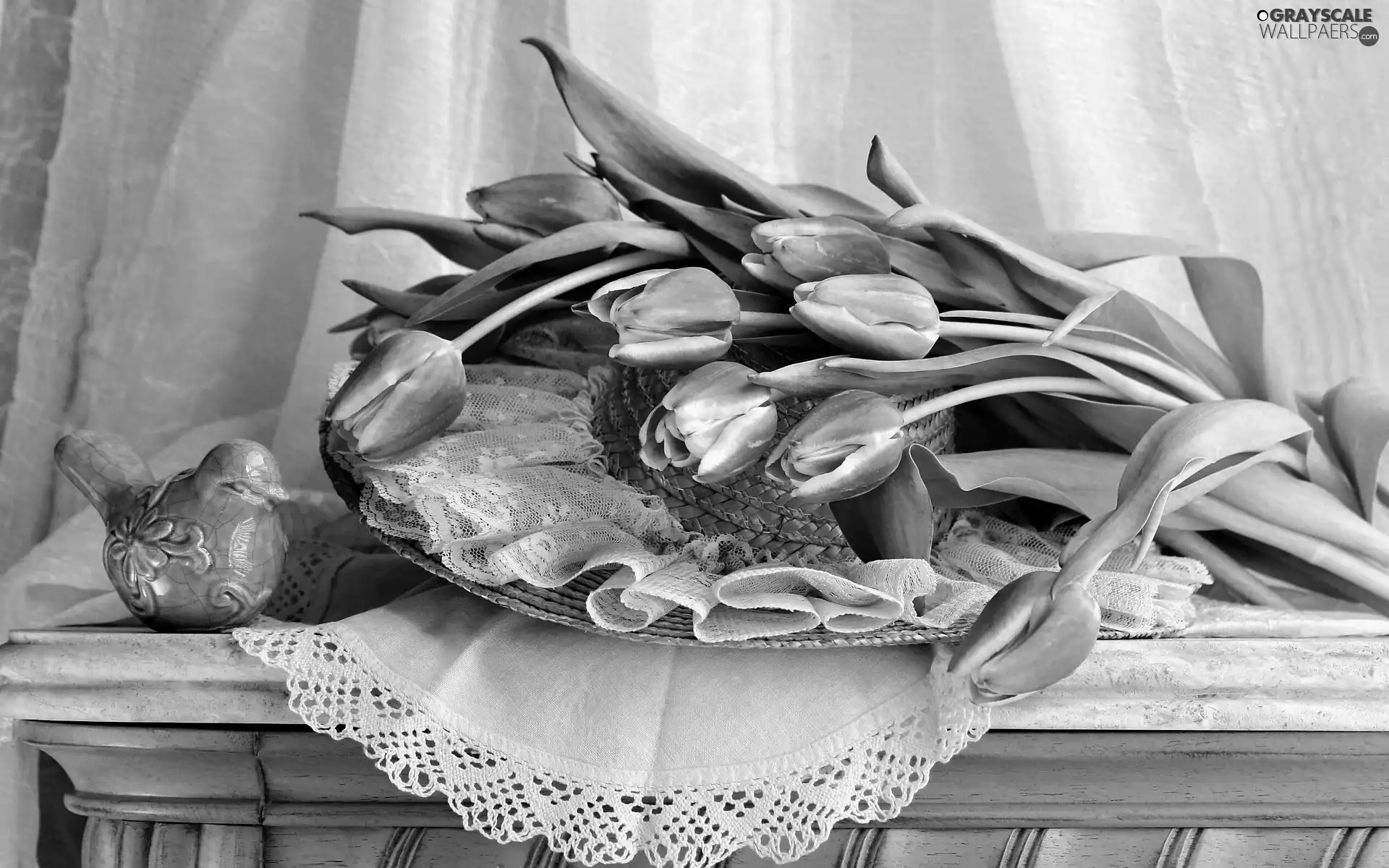 figure, Tulips, napkin, composition, Bird, Hat