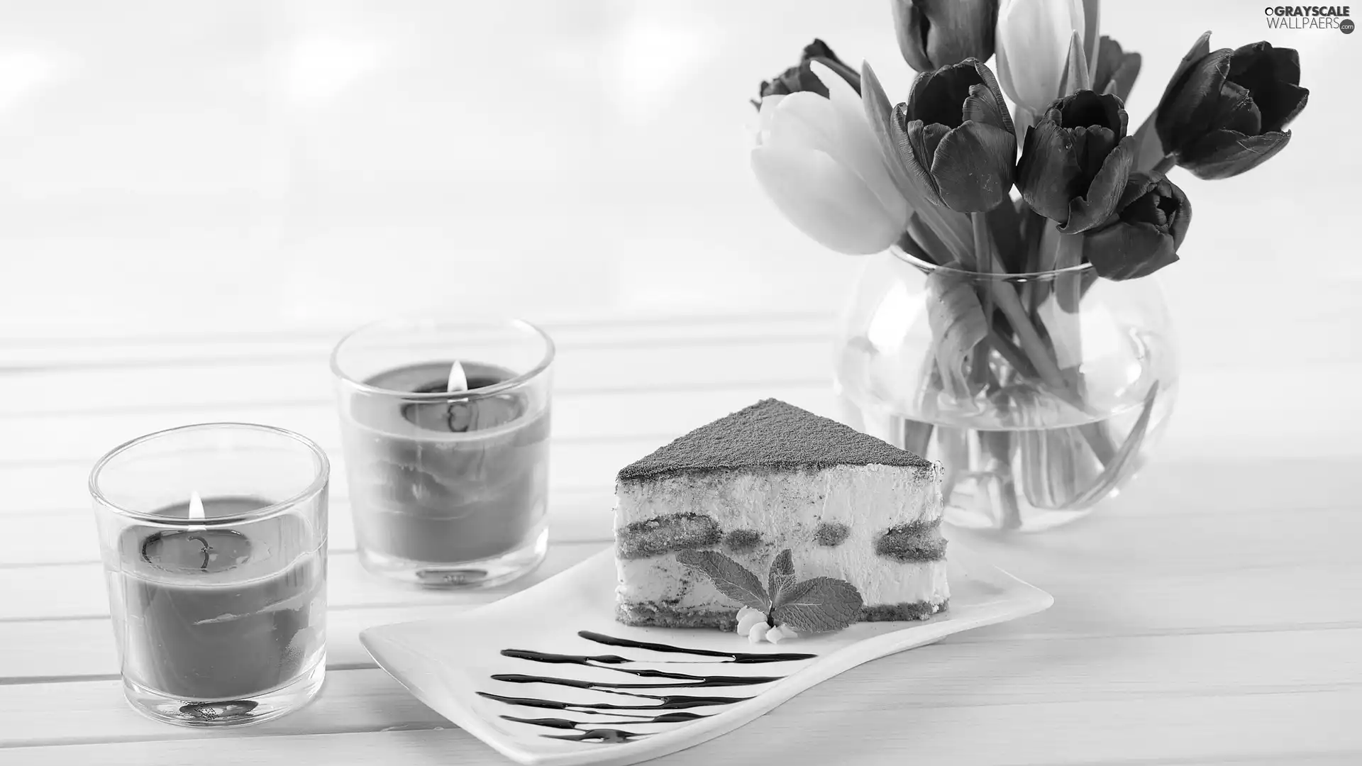 cake, composition, Vase, Candles, Tulips