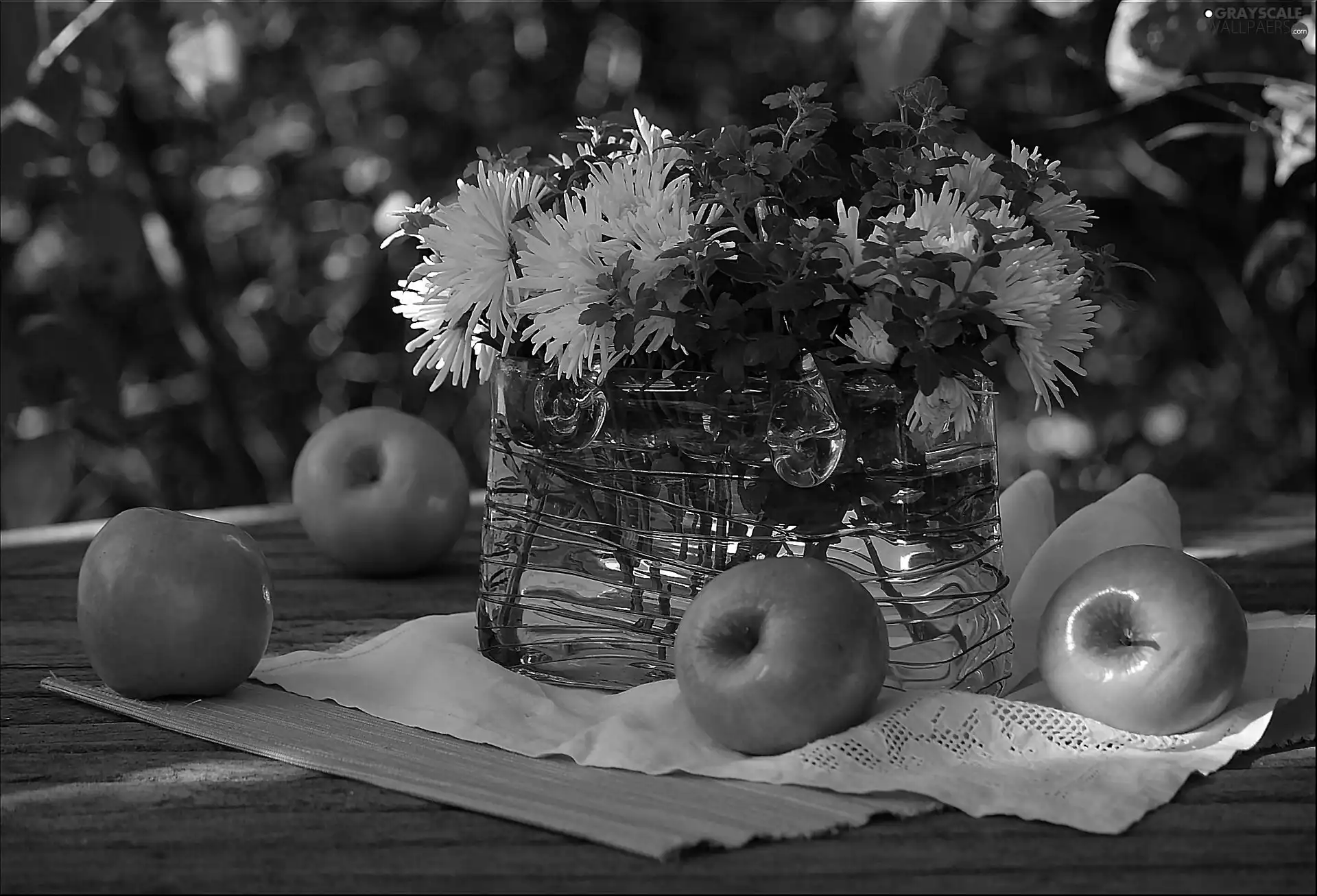 White, apples, composition, Chrysanthemums