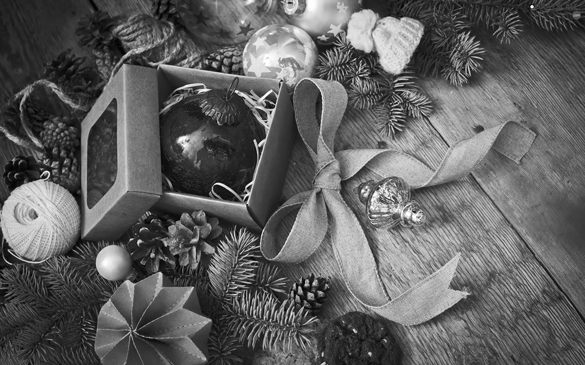 Box, baubles, Twigs, bow, spruce, decoration, Christmas, cones