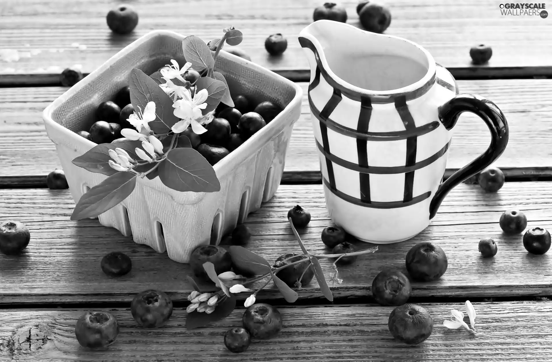 blueberries, jug, container, Flowers